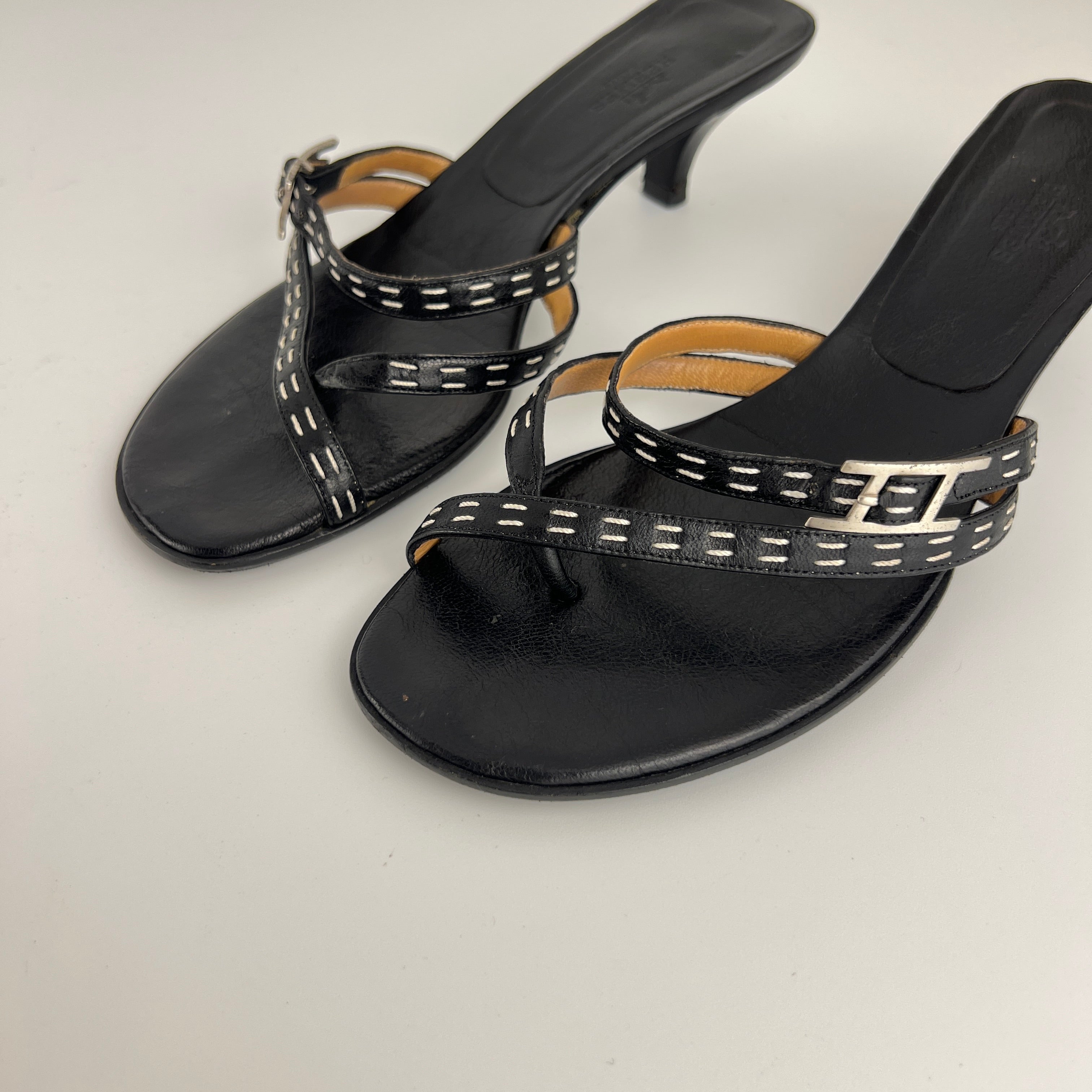 Hermes | Vintage Black Leather Thong H Buckle Top Stitch Sandal Kitten Mules (37)