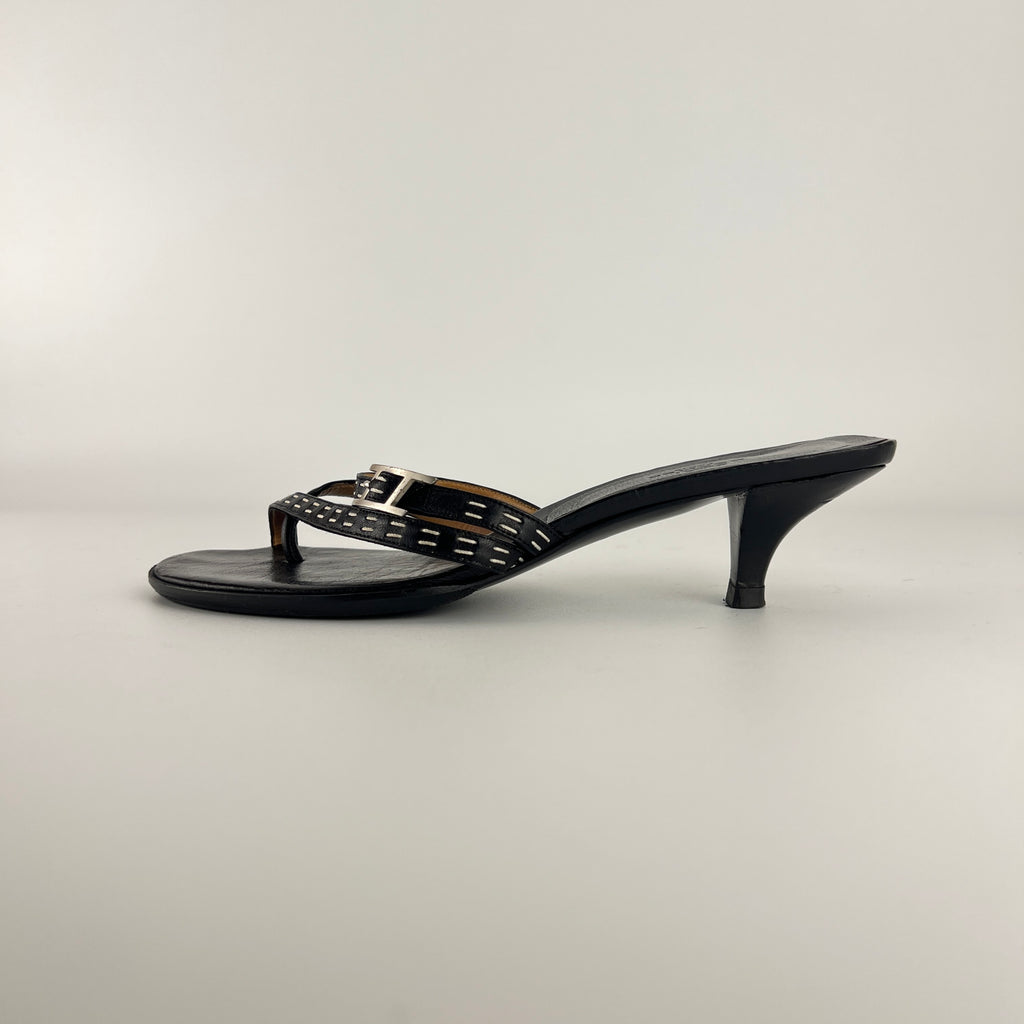 Hermes | Vintage Black Leather Thong H Buckle Top Stitch Sandal Kitten Mules (37)