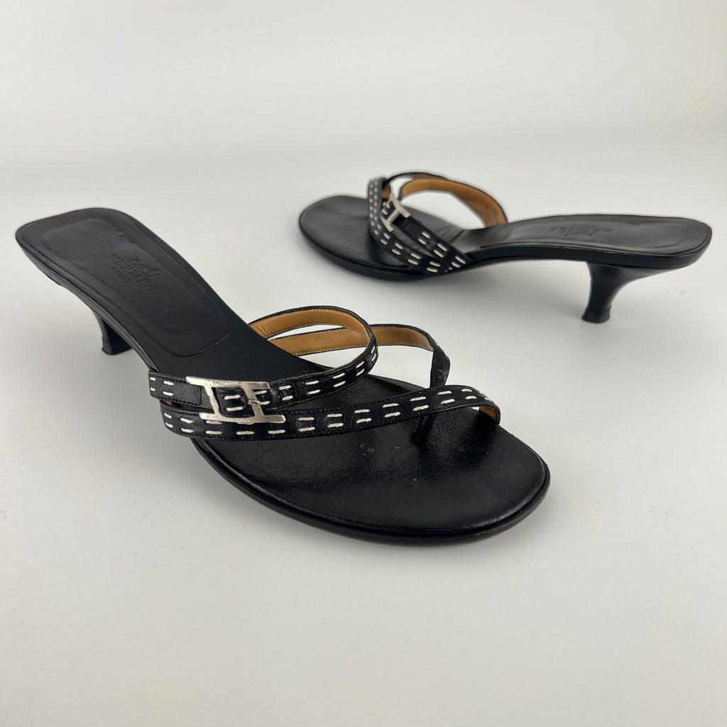 Hermes | Vintage Black Leather Thong H Buckle Top Stitch Sandal Kitten Mules (37)
