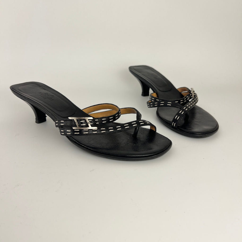 Hermes | Vintage Black Leather Thong H Buckle Top Stitch Sandal Kitten Mules (37)
