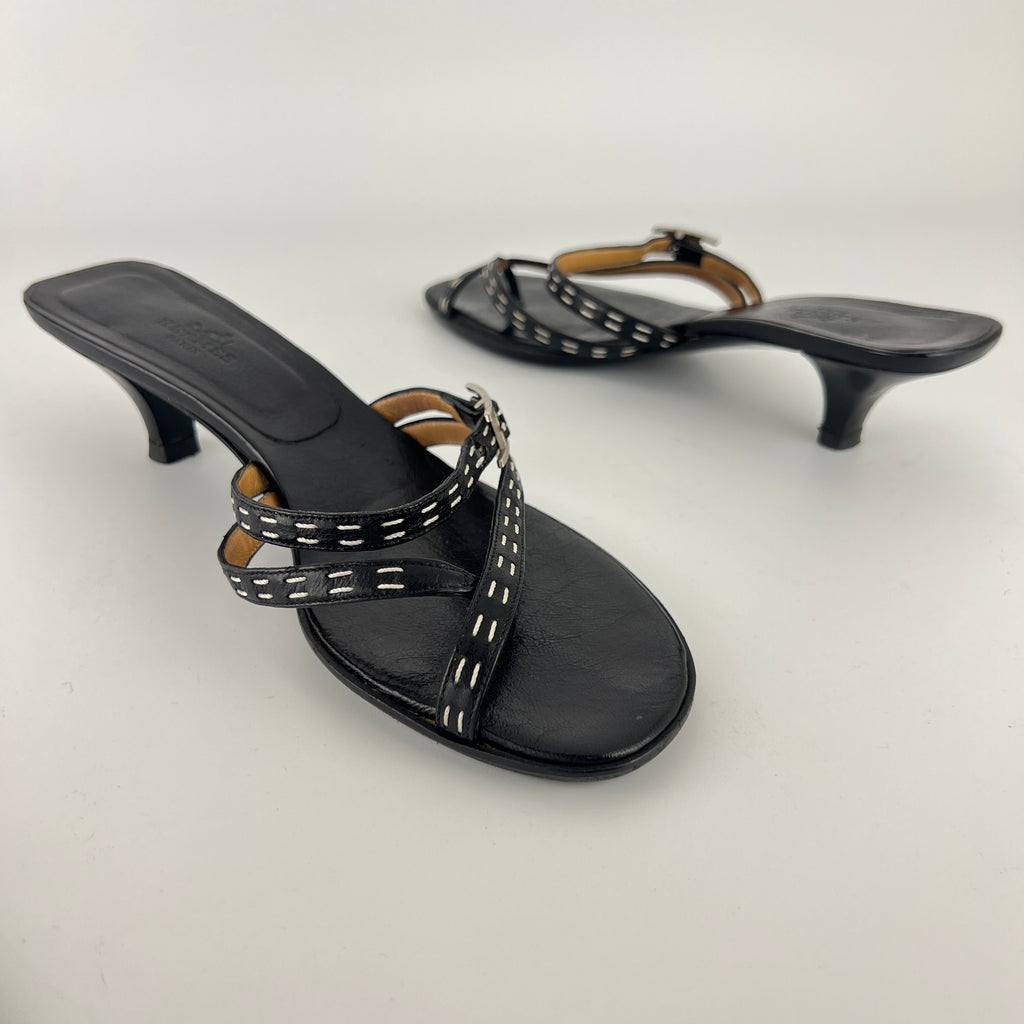 Hermes | Vintage Black Leather Thong H Buckle Top Stitch Sandal Kitten Mules (37)