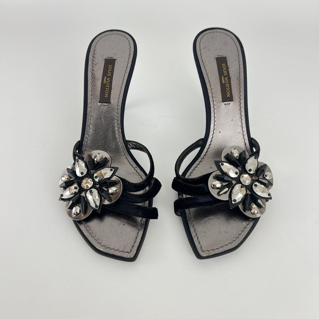 Louis Vuitton | Flower Bijou Black Velvet Silk Strappy Slide Mules (34.5)