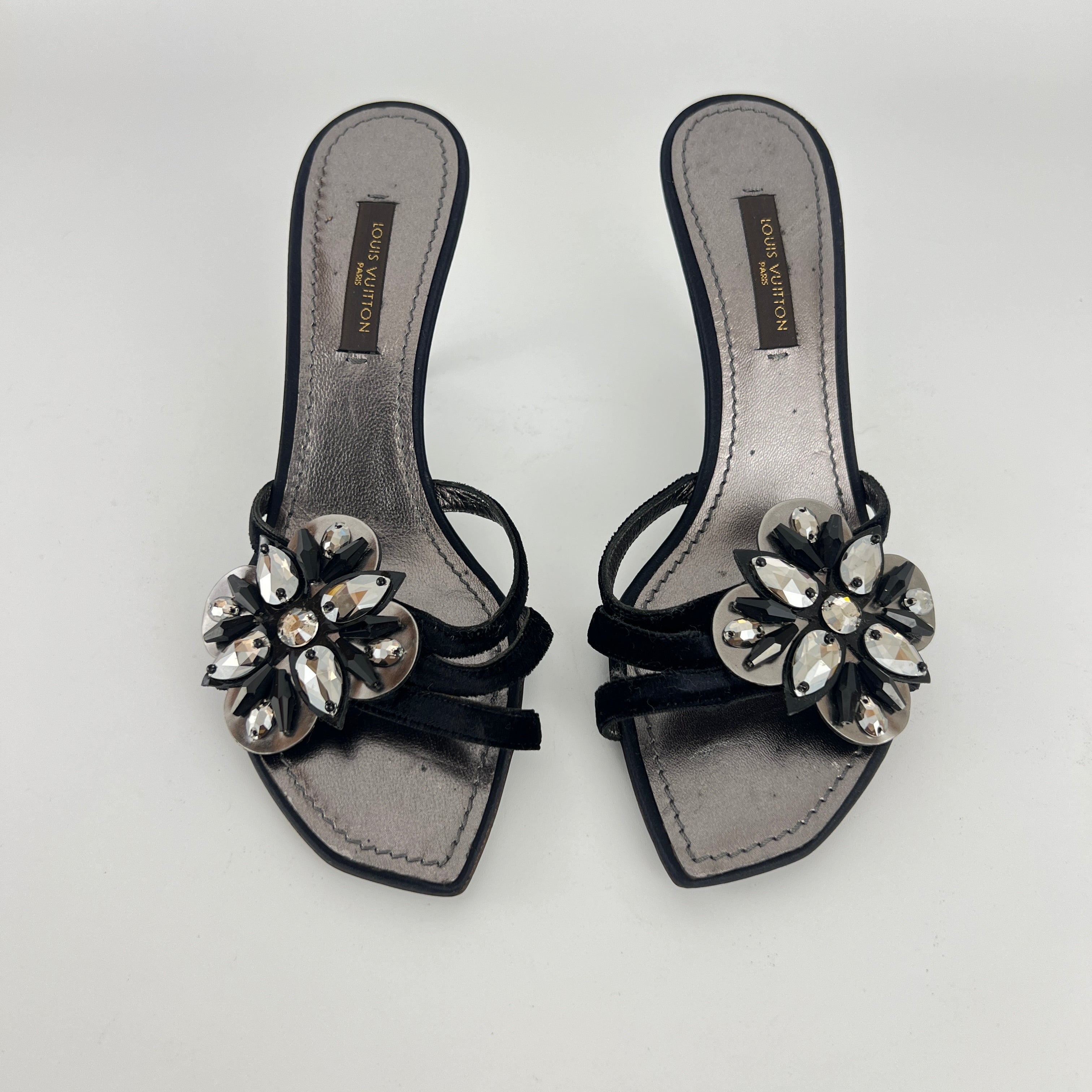 Louis Vuitton | Flower Bijou Black Velvet Silk Strappy Slide Mules (34.5)