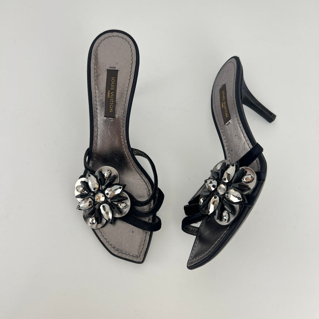 Louis Vuitton | Flower Bijou Black Velvet Silk Strappy Slide Mules (34.5)