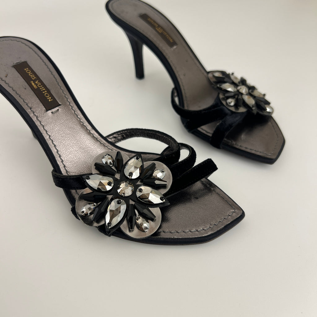 Louis Vuitton | Flower Bijou Black Velvet Silk Strappy Slide Mules (34.5)