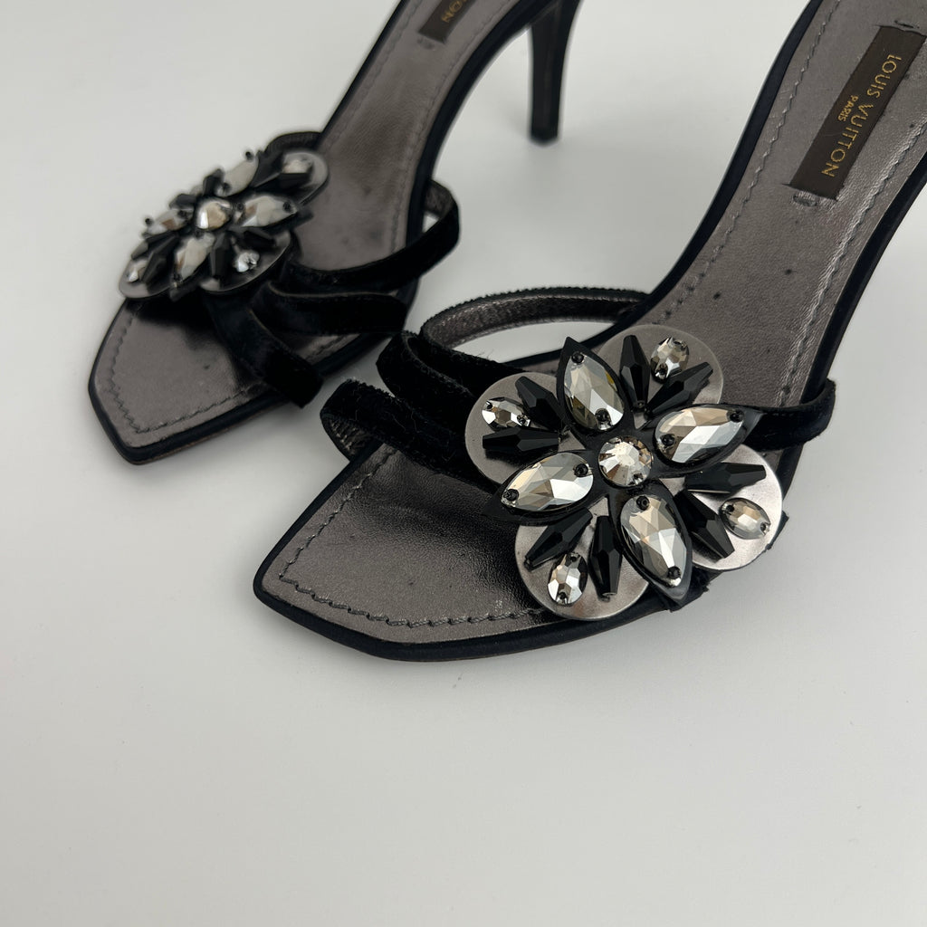 Louis Vuitton | Flower Bijou Black Velvet Silk Strappy Slide Mules (34.5)