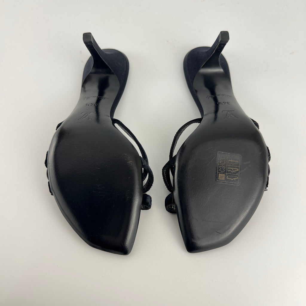 Louis Vuitton | Flower Bijou Black Velvet Silk Strappy Slide Mules (34.5)