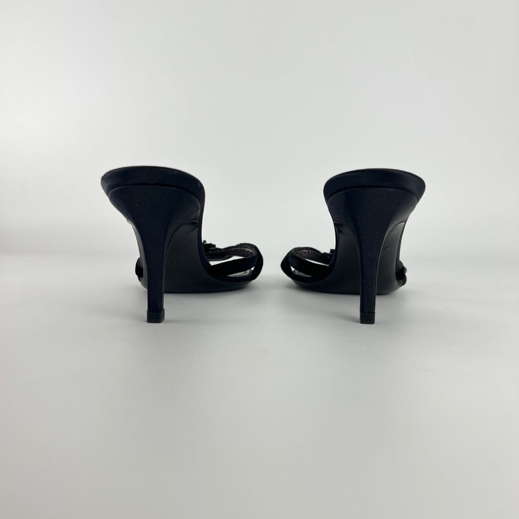 Louis Vuitton | Flower Bijou Black Velvet Silk Strappy Slide Mules (34.5)