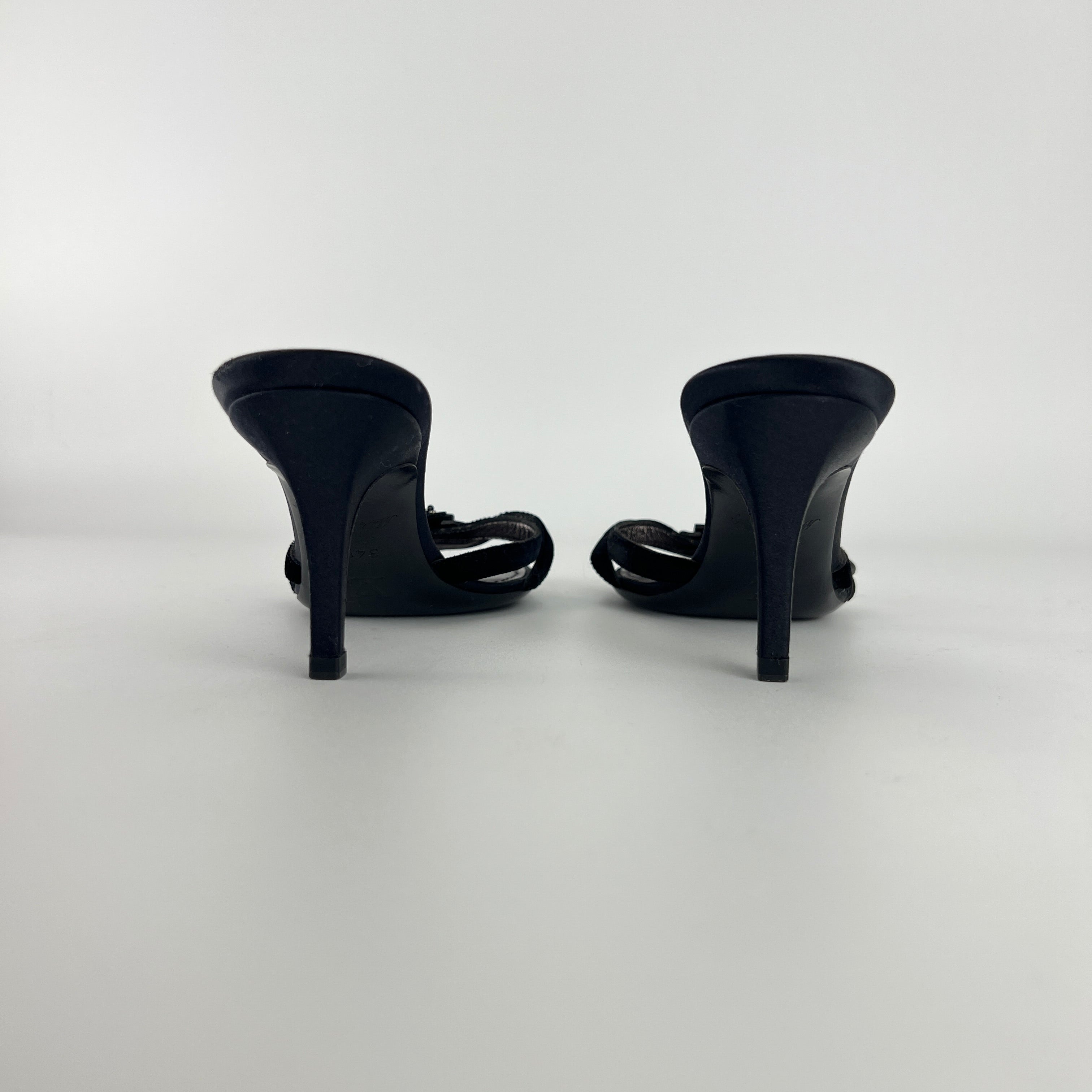 Louis Vuitton | Flower Bijou Black Velvet Silk Strappy Slide Mules (34.5)