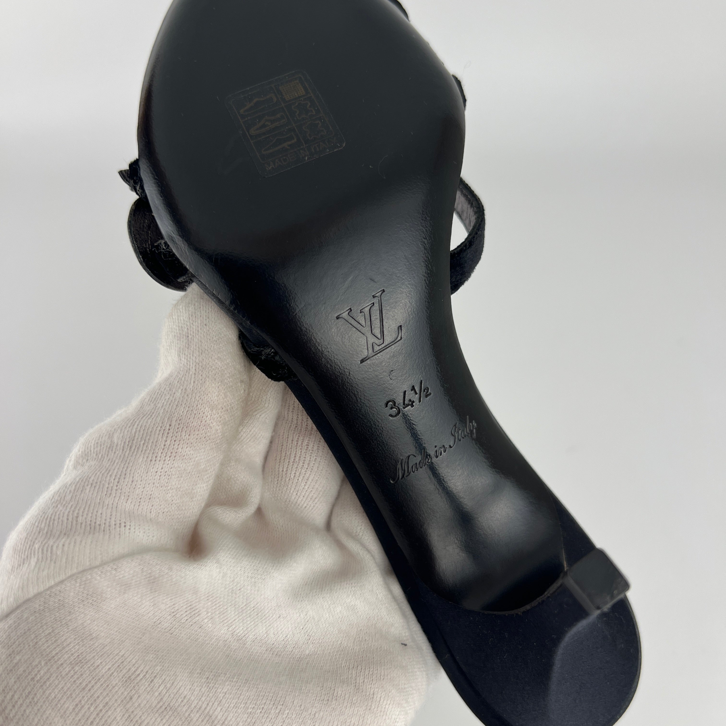 Louis Vuitton | Flower Bijou Black Velvet Silk Strappy Slide Mules (34.5)