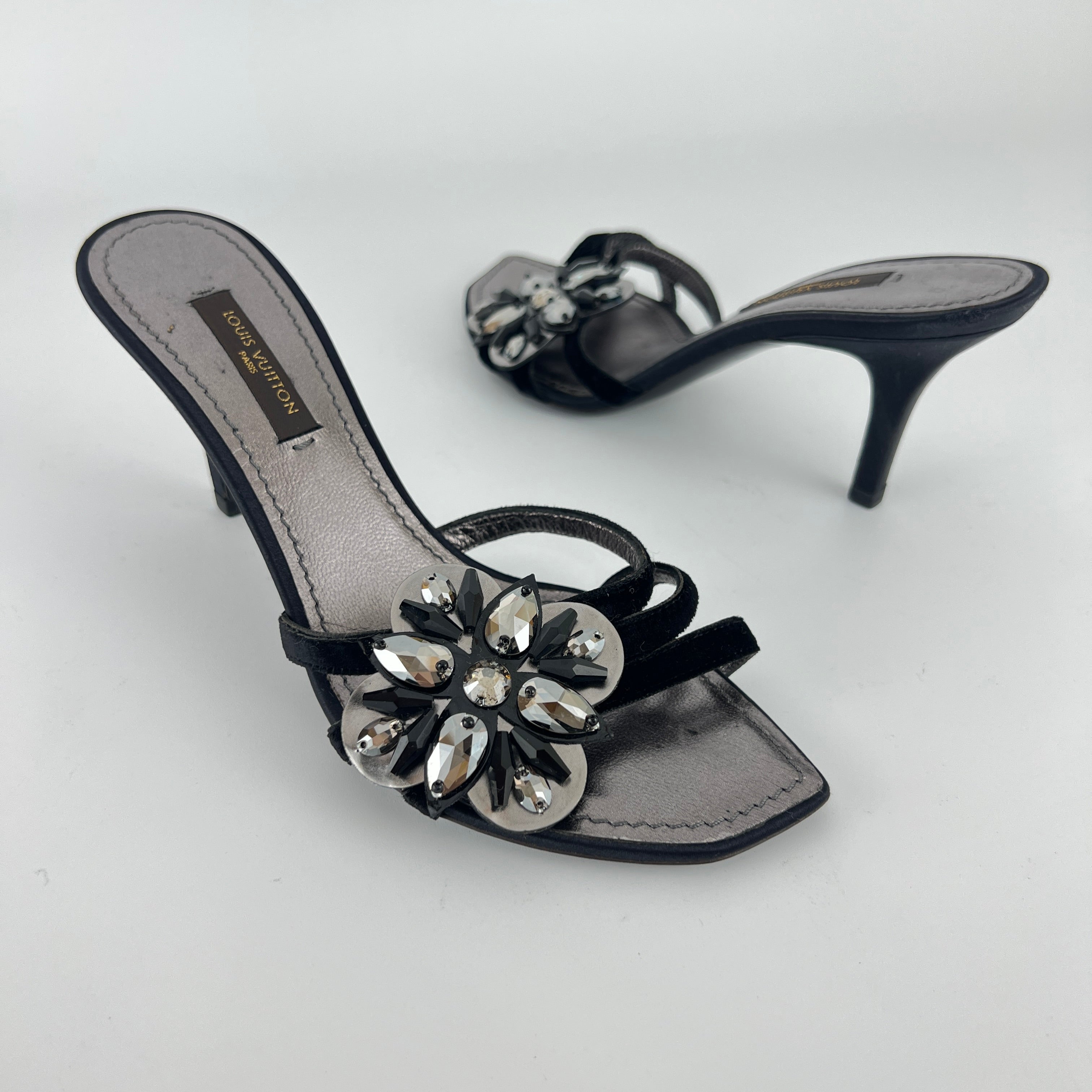 Louis Vuitton | Flower Bijou Black Velvet Silk Strappy Slide Mules (34.5)