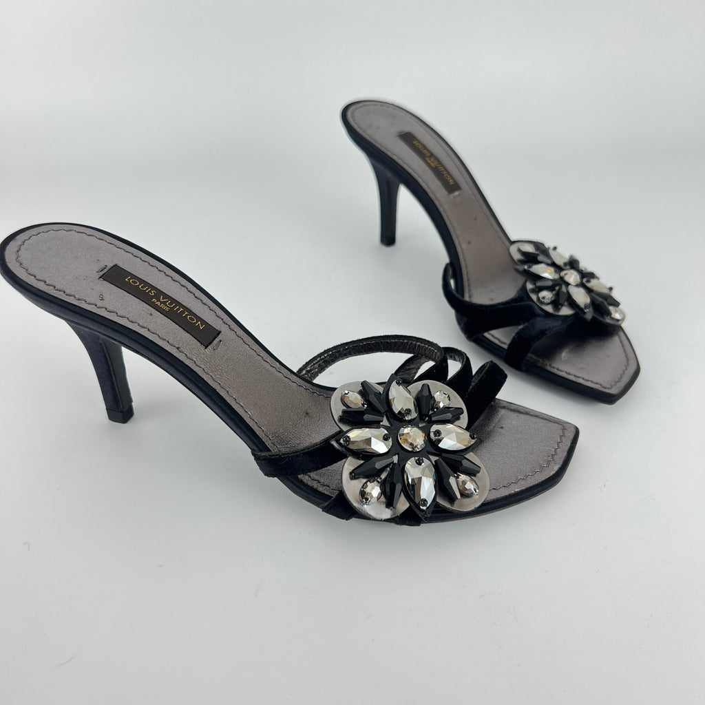 Louis Vuitton | Flower Bijou Black Velvet Silk Strappy Slide Mules (34.5)