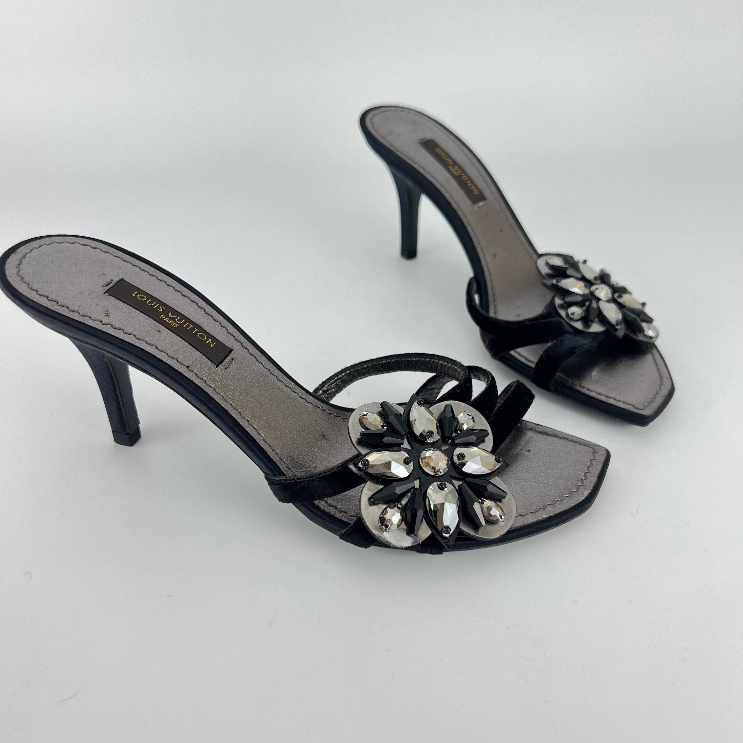 Louis Vuitton | Flower Bijou Black Velvet Silk Strappy Slide Mules (34.5)