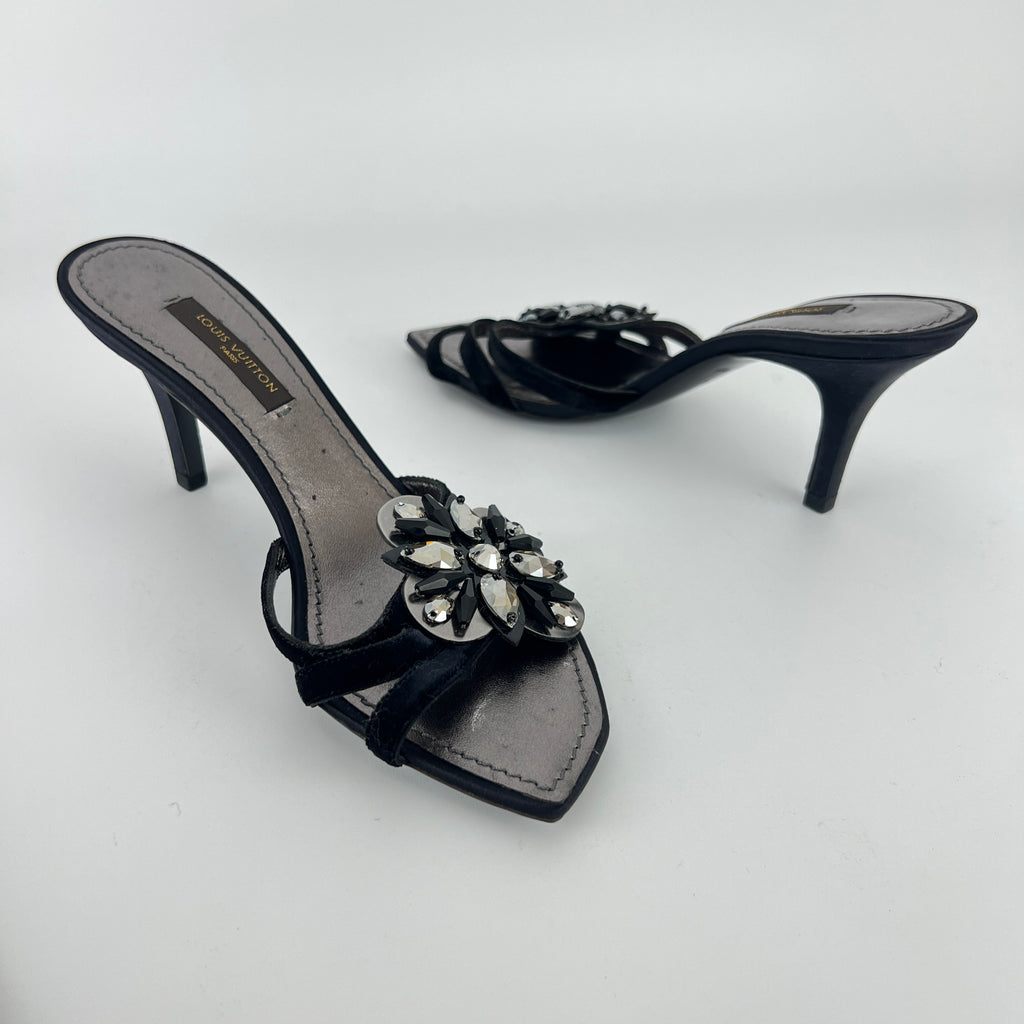 Louis Vuitton | Flower Bijou Black Velvet Silk Strappy Slide Mules (34.5)