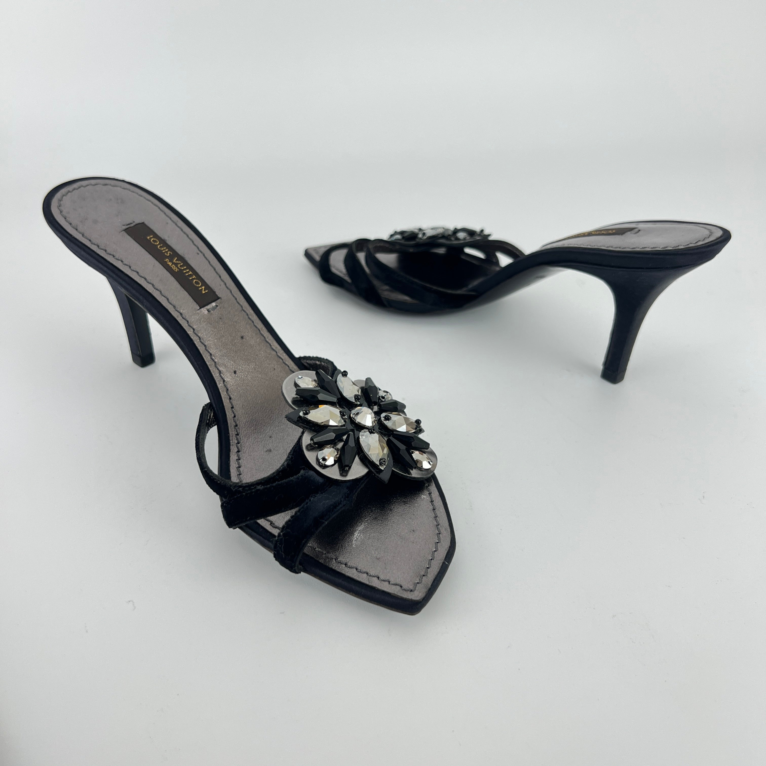 Louis Vuitton | Flower Bijou Black Velvet Silk Strappy Slide Mules (34.5)