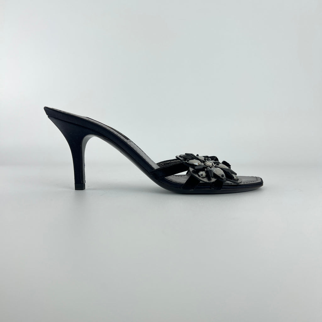 Louis Vuitton | Flower Bijou Black Velvet Silk Strappy Slide Mules (34.5)