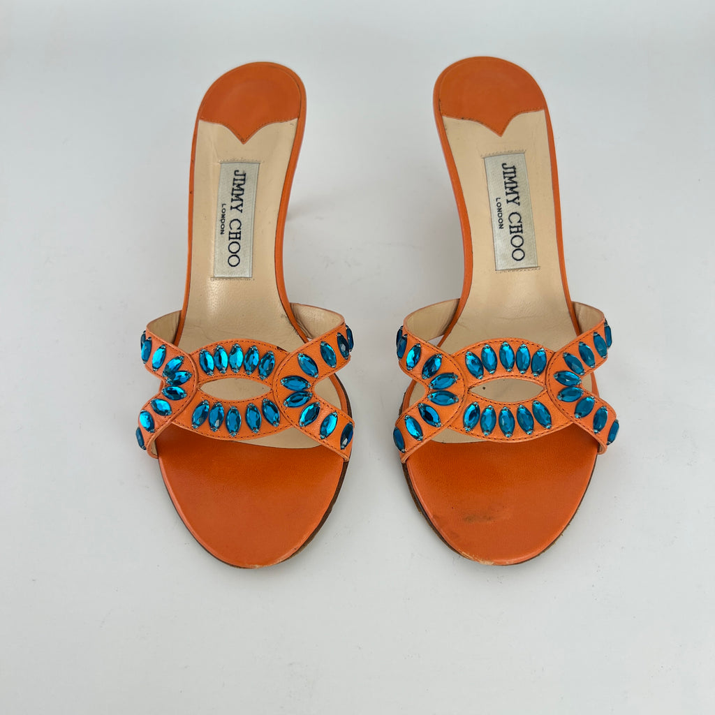 Jimmy Choo | Orange Leather Blue Gem Crystal Strappy Slide Mules (37)