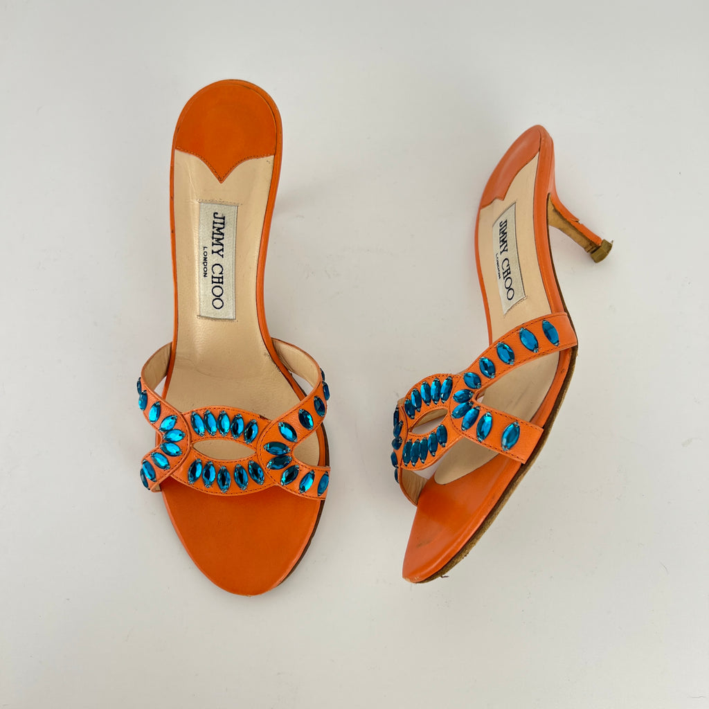 Jimmy Choo | Orange Leather Blue Gem Crystal Strappy Slide Mules (37)