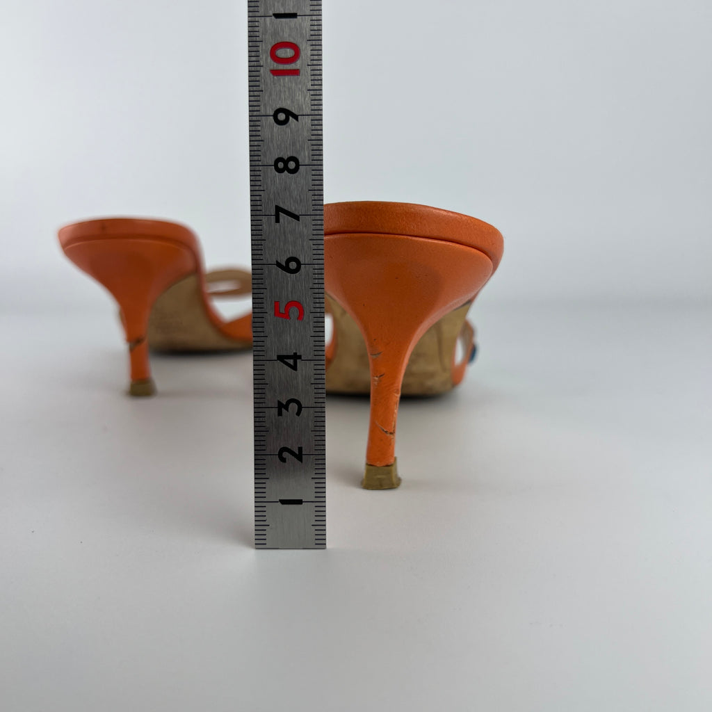 Jimmy Choo | Orange Leather Blue Gem Crystal Strappy Slide Mules (37)