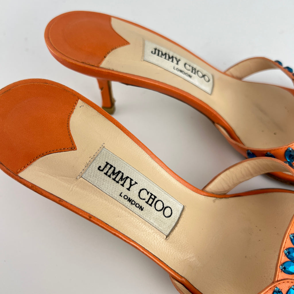 Jimmy Choo | Orange Leather Blue Gem Crystal Strappy Slide Mules (37)