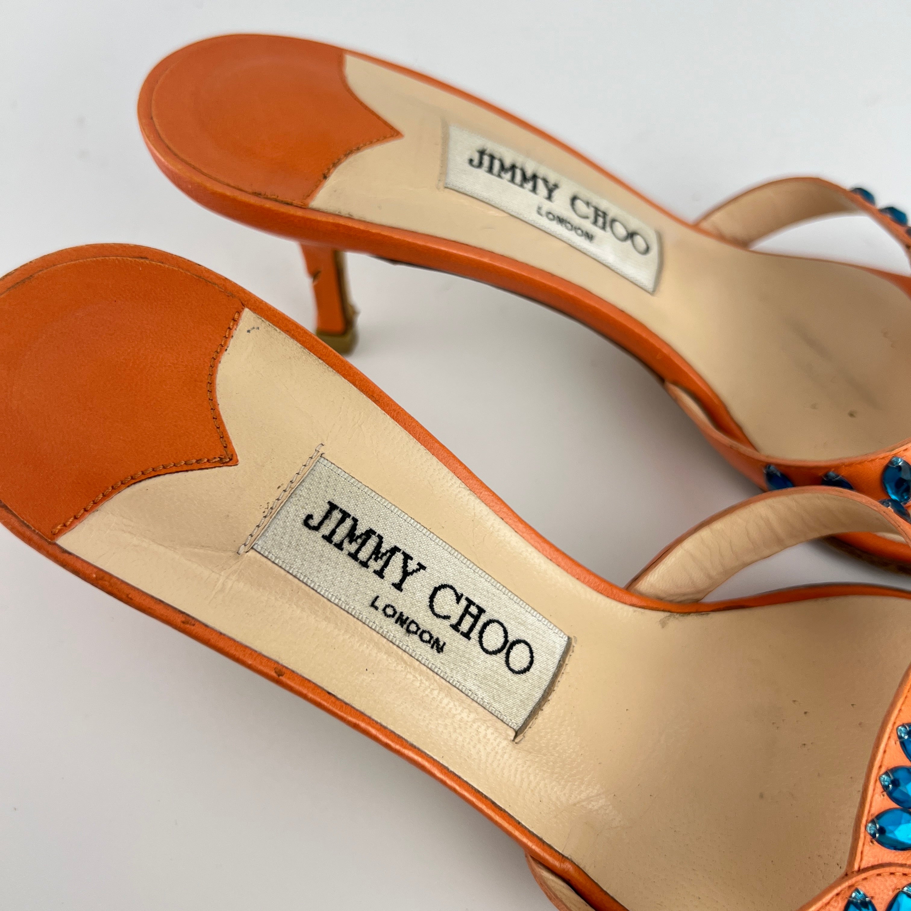 Jimmy Choo | Orange Leather Blue Gem Crystal Strappy Slide Mules (37)