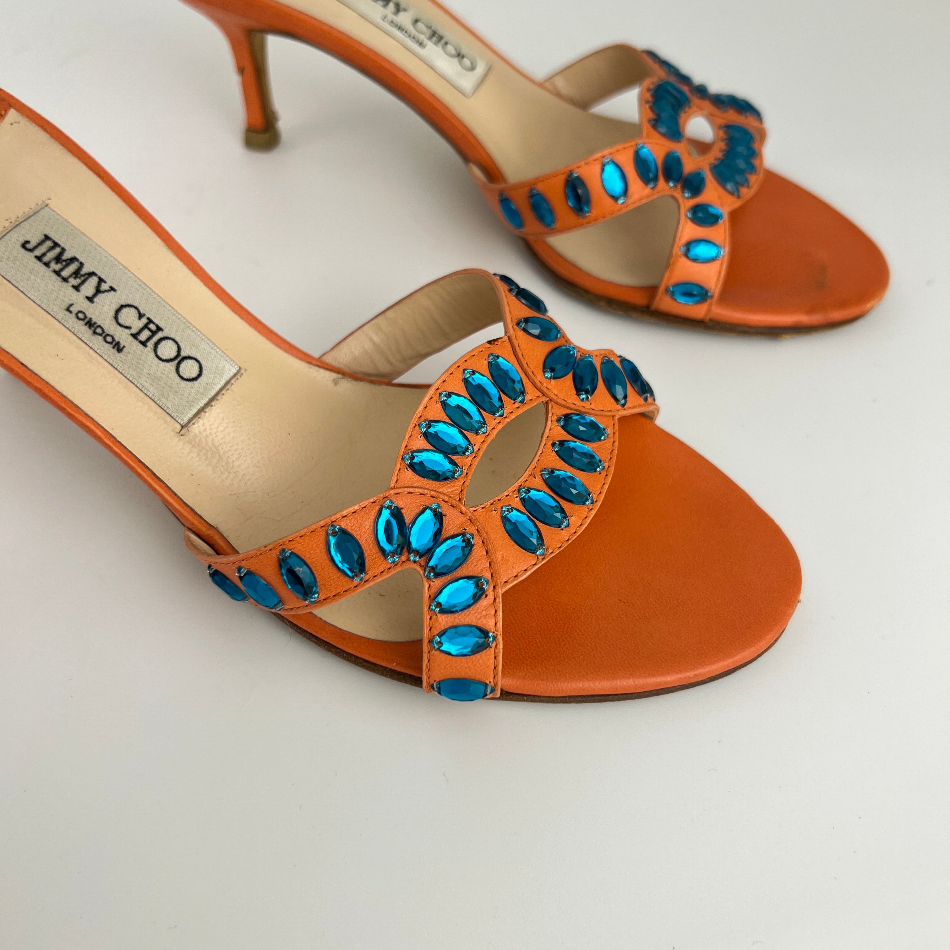 Jimmy Choo | Orange Leather Blue Gem Crystal Strappy Slide Mules (37)