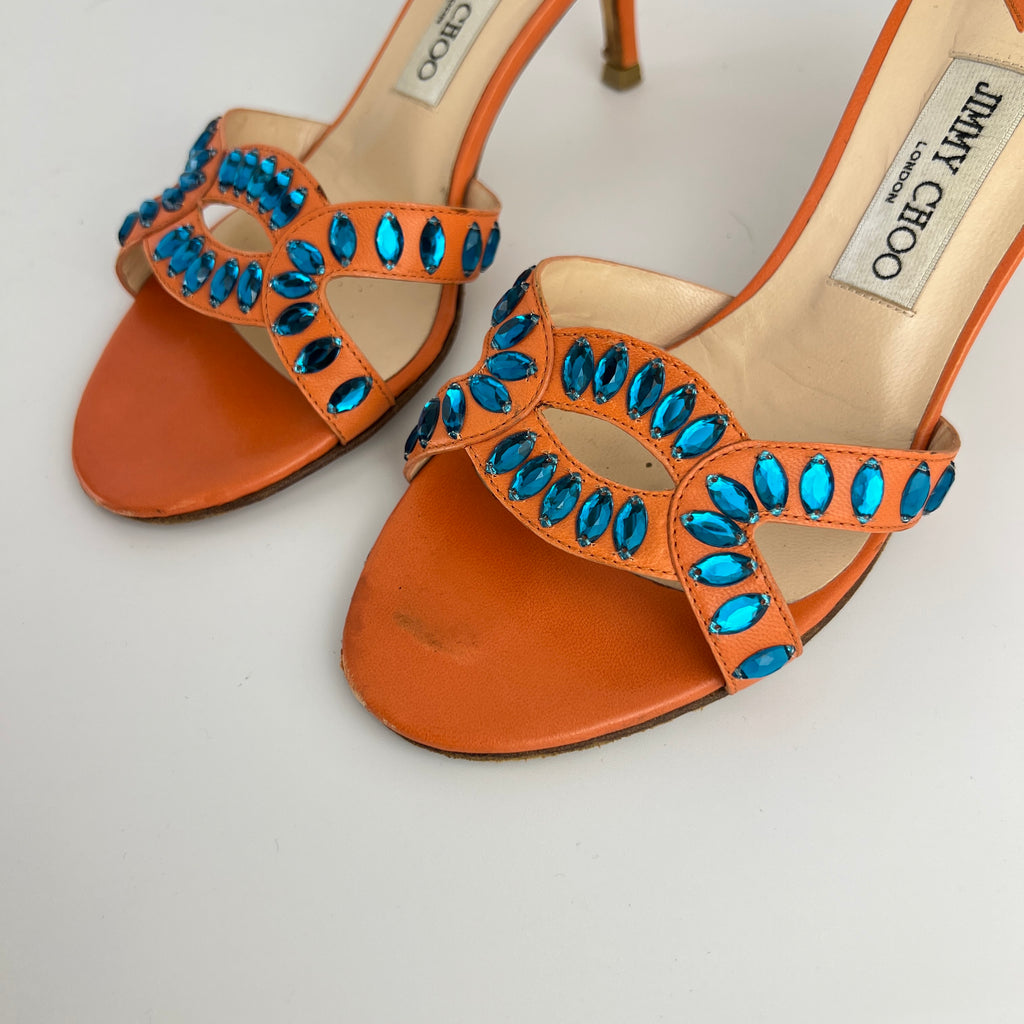 Jimmy Choo | Orange Leather Blue Gem Crystal Strappy Slide Mules (37)