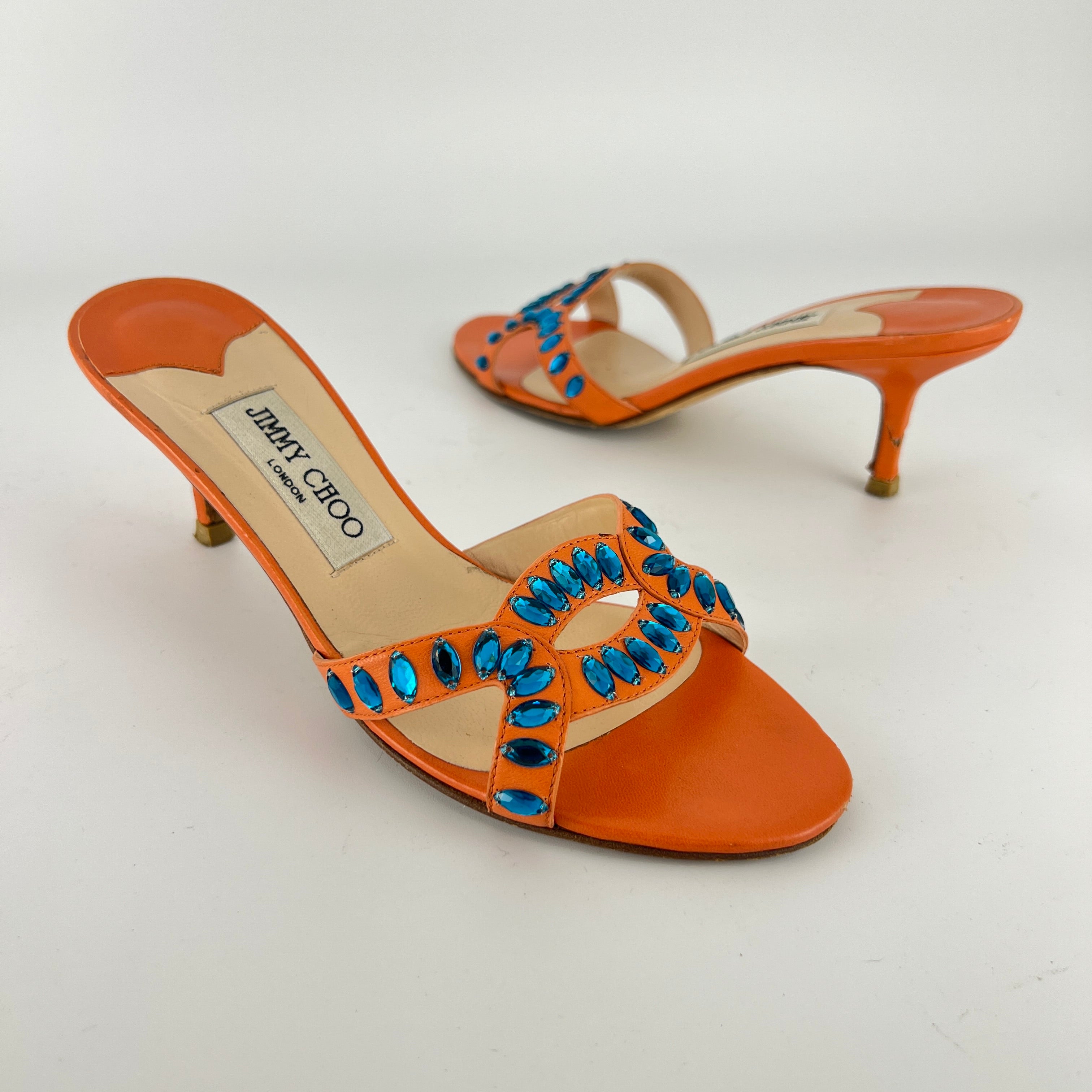 Jimmy Choo | Orange Leather Blue Gem Crystal Strappy Slide Mules (37)