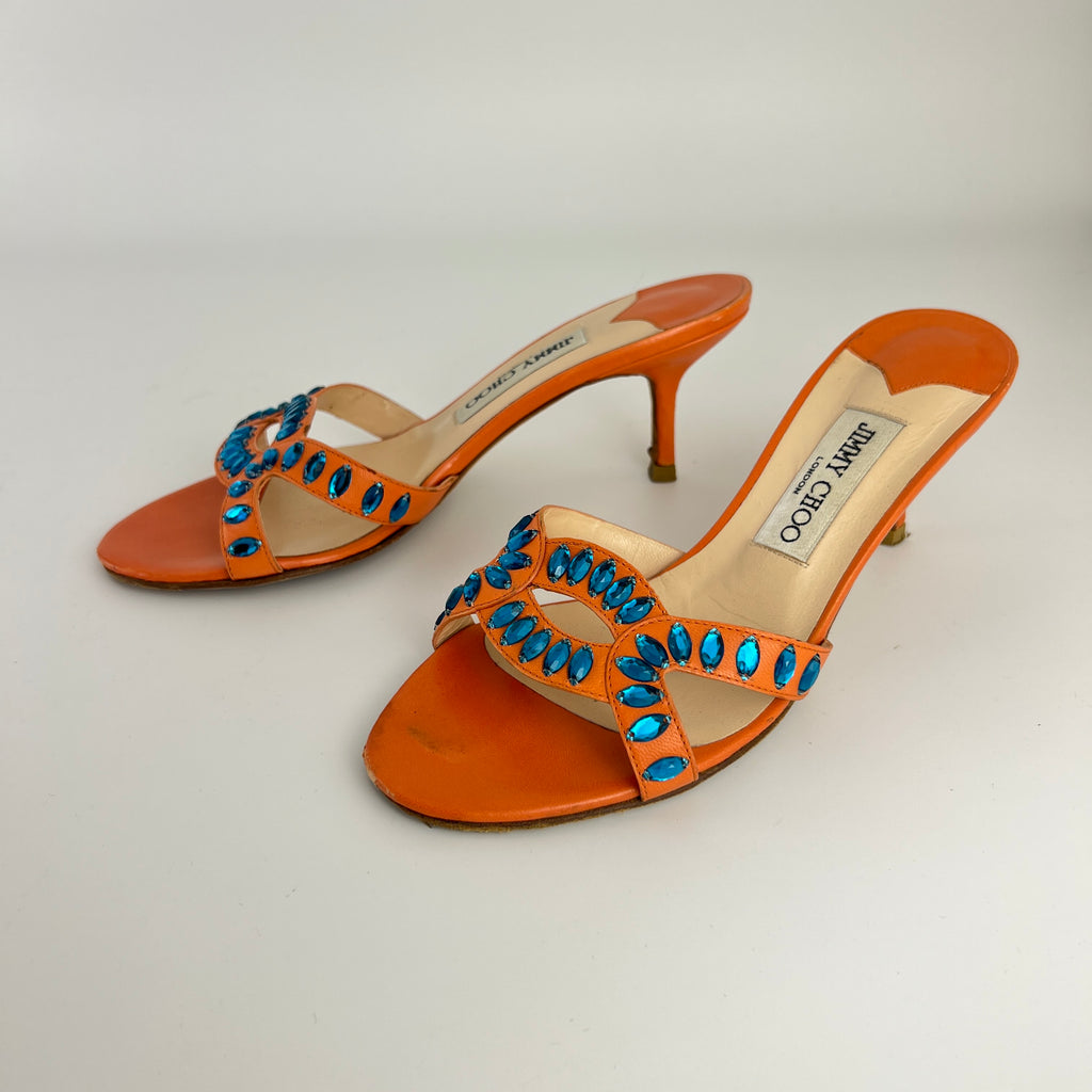 Jimmy Choo | Orange Leather Blue Gem Crystal Strappy Slide Mules (37)