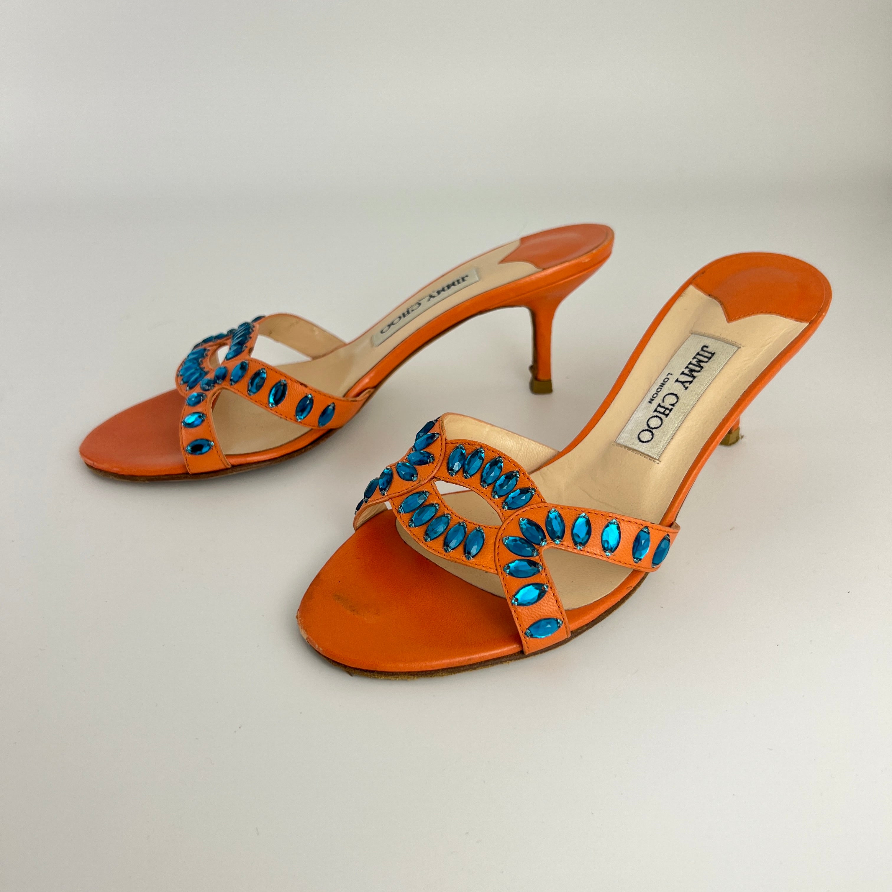 Jimmy Choo | Orange Leather Blue Gem Crystal Strappy Slide Mules (37)