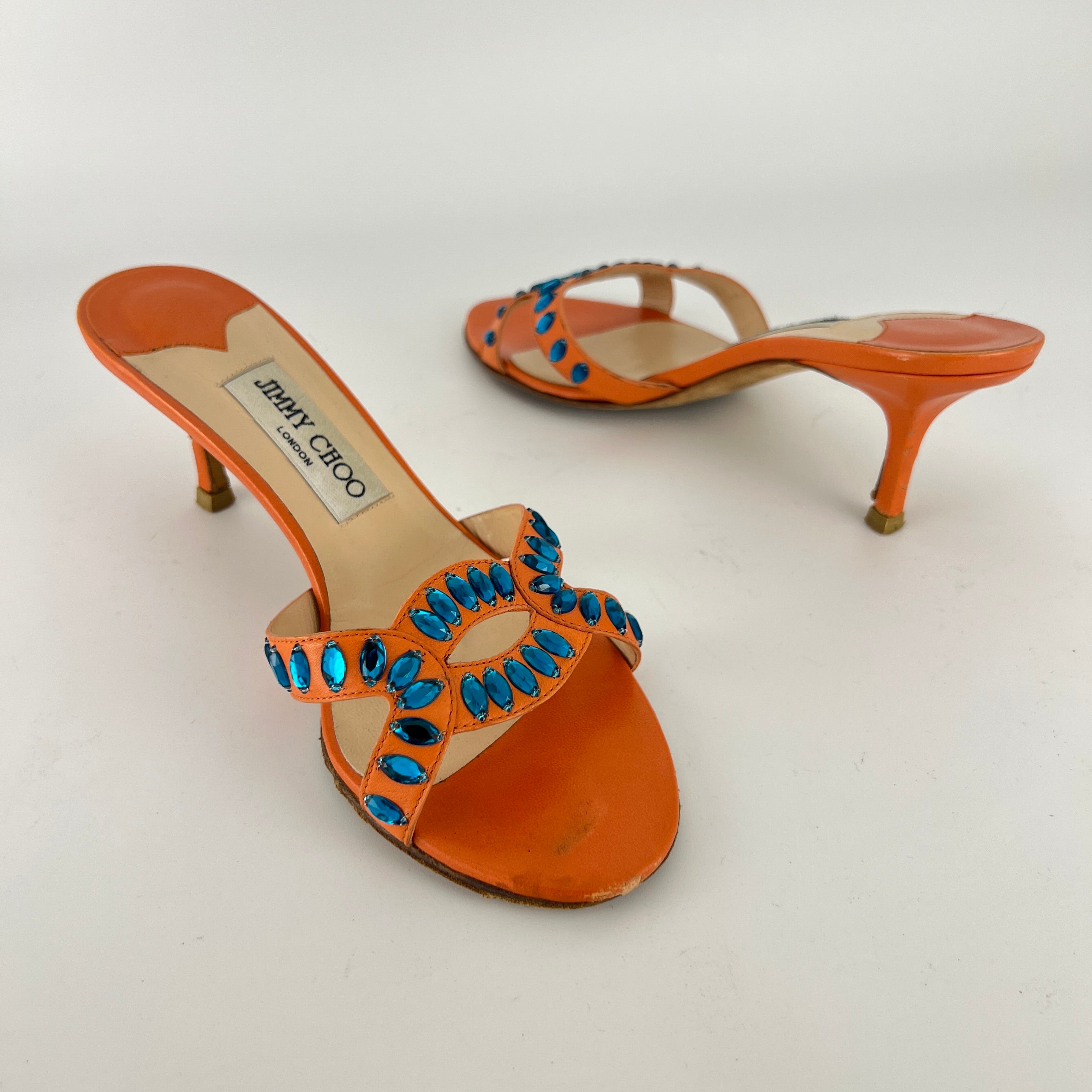Jimmy Choo | Orange Leather Blue Gem Crystal Strappy Slide Mules (37)