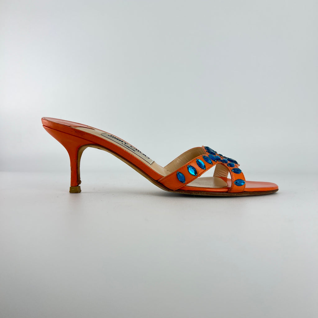 Jimmy Choo | Orange Leather Blue Gem Crystal Strappy Slide Mules (37)