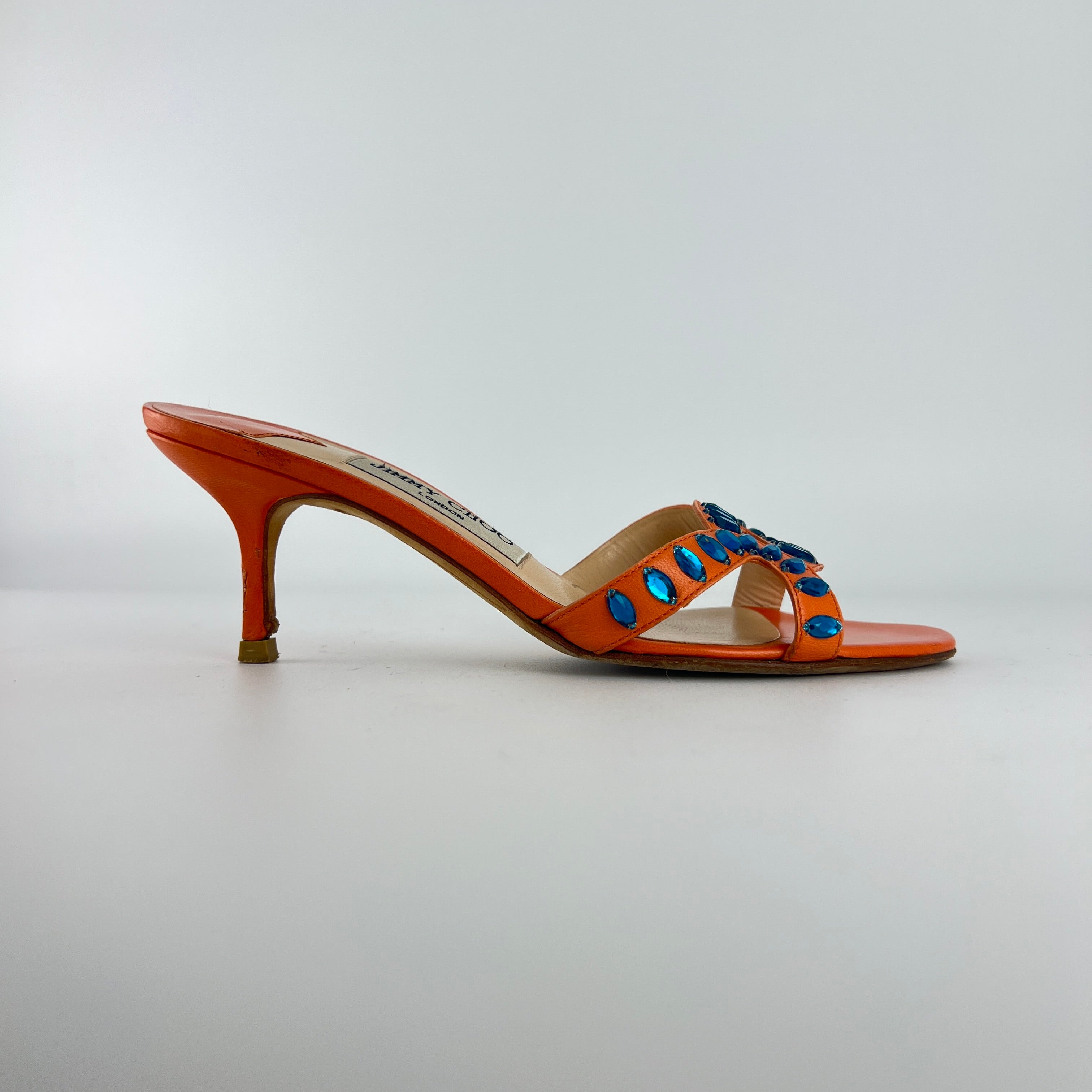 Jimmy Choo | Orange Leather Blue Gem Crystal Strappy Slide Mules (37)