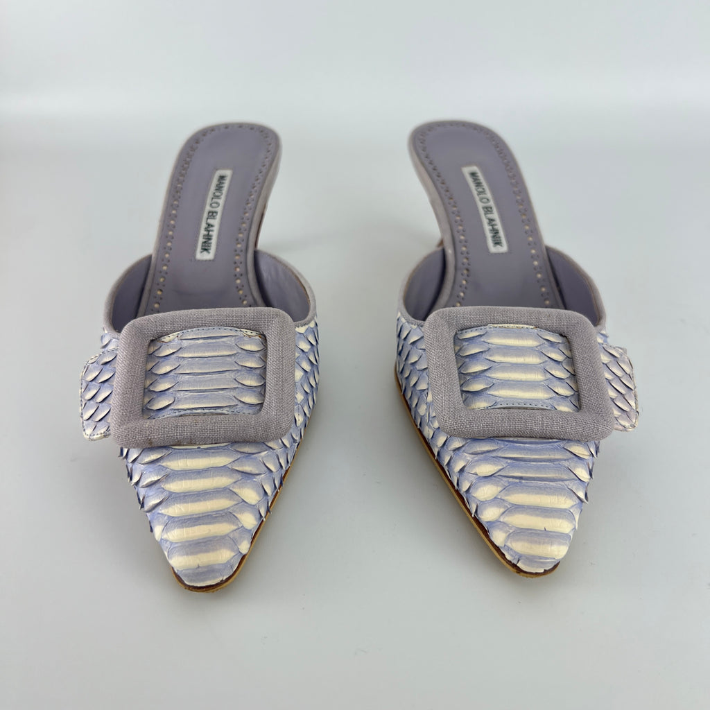 Manolo Blahnik | Lilac Exotic Leather Pointed Toe Linen Buckle Maysale Mules (37.5)
