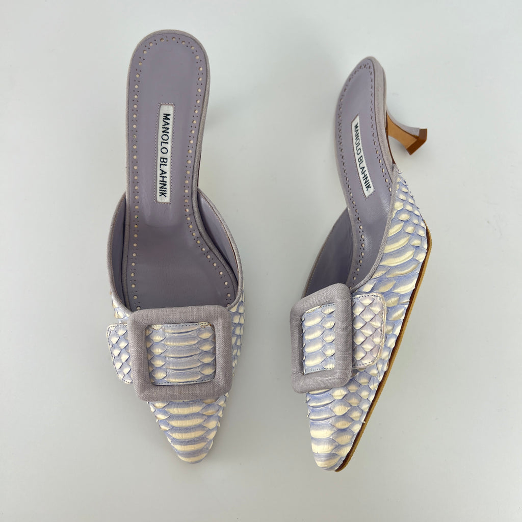 Manolo Blahnik | Lilac Exotic Leather Pointed Toe Linen Buckle Maysale Mules (37.5)