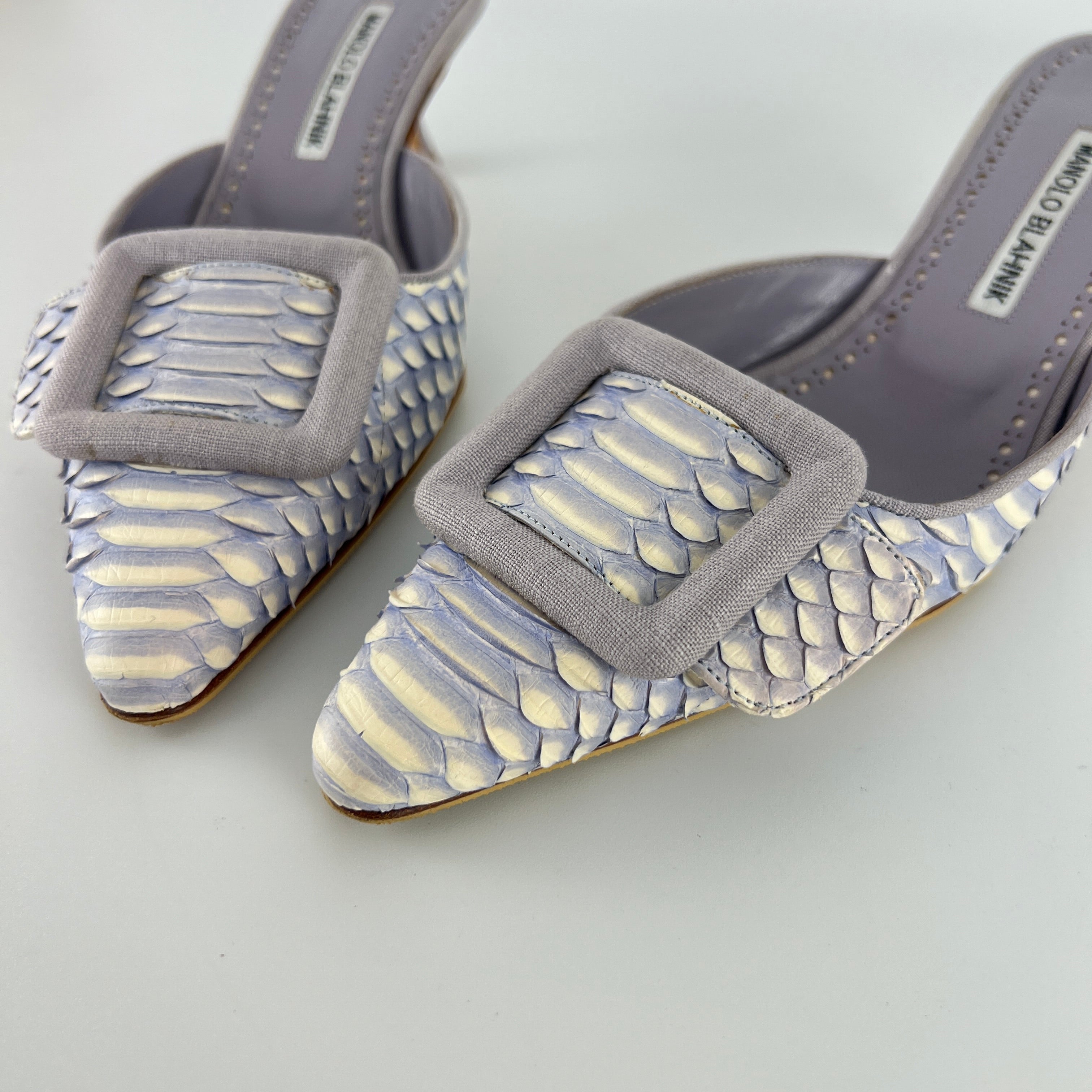 Manolo Blahnik | Lilac Exotic Leather Pointed Toe Linen Buckle Maysale Mules (37.5)