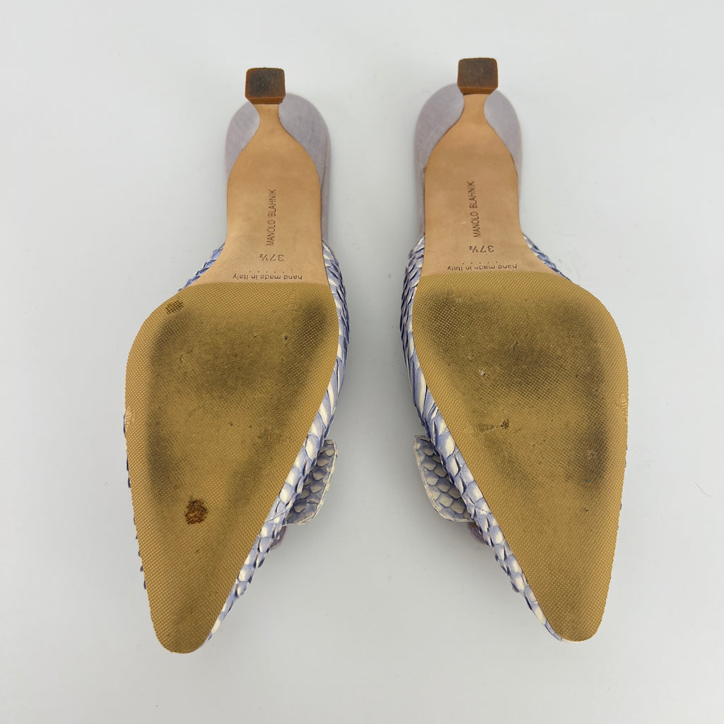 Manolo Blahnik | Lilac Exotic Leather Pointed Toe Linen Buckle Maysale Mules (37.5)
