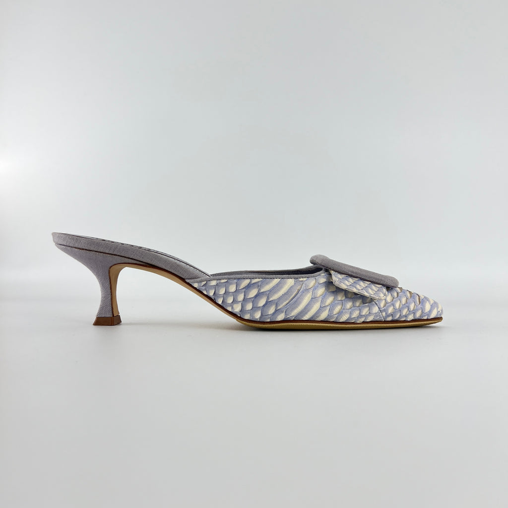 Manolo Blahnik | Lilac Exotic Leather Pointed Toe Linen Buckle Maysale Mules (37.5)