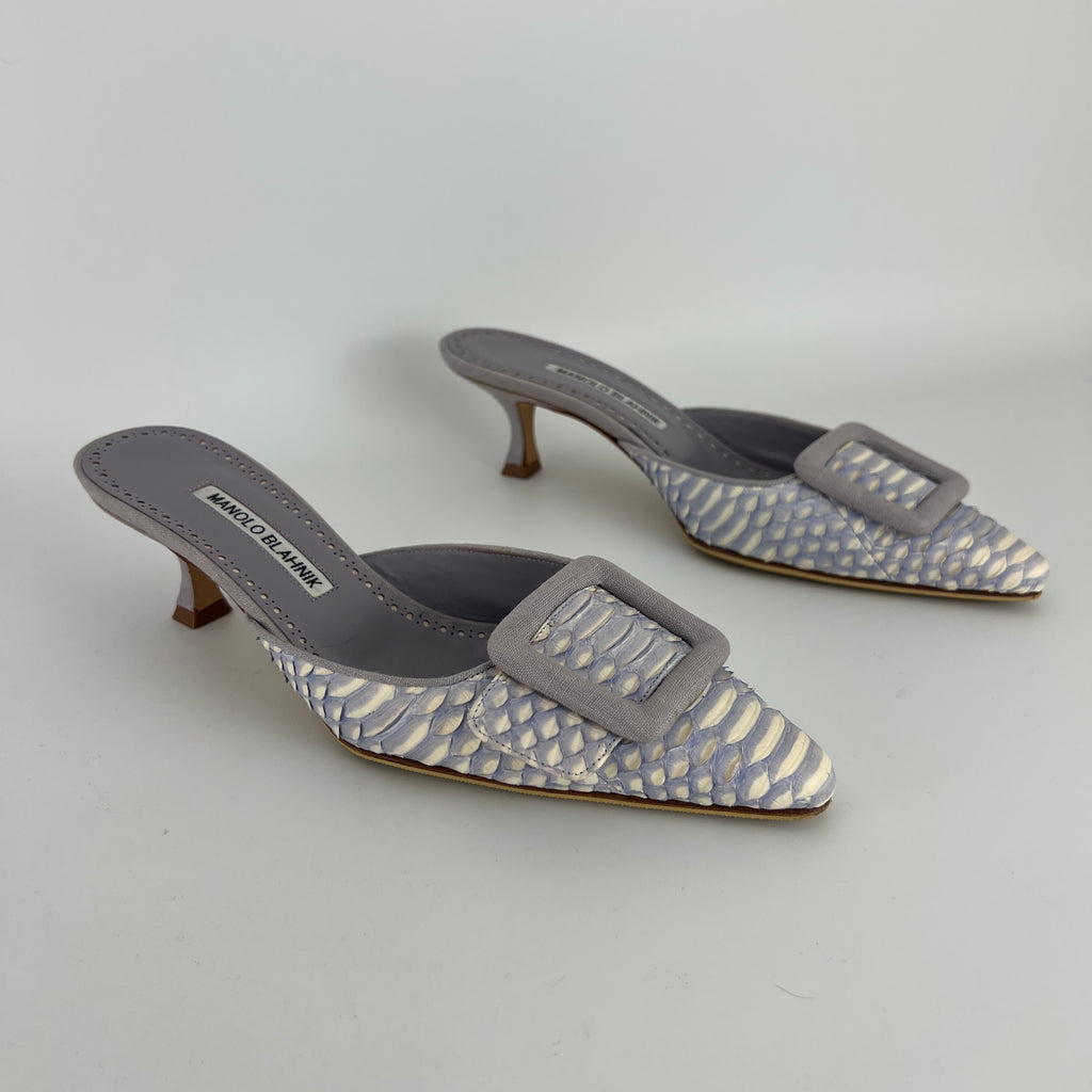 Manolo Blahnik | Lilac Exotic Leather Pointed Toe Linen Buckle Maysale Mules (37.5)