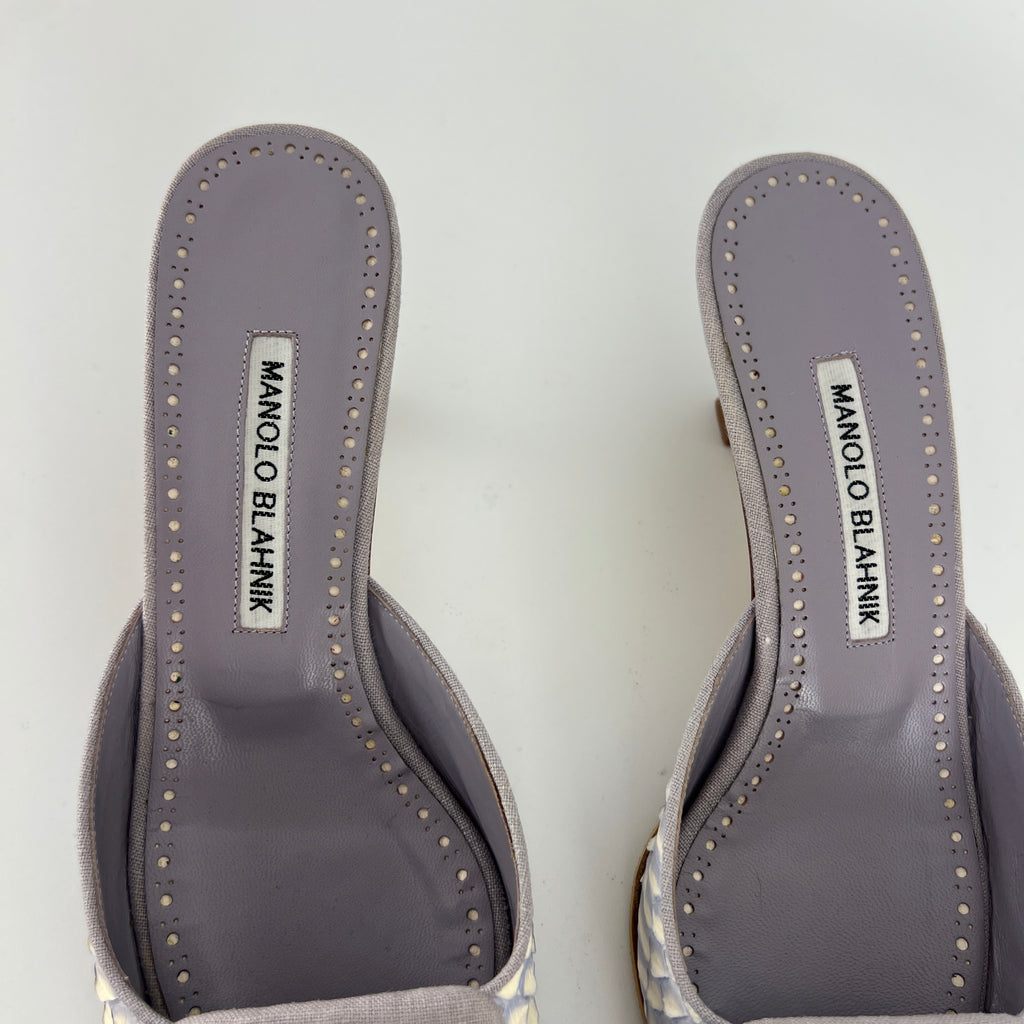 Manolo Blahnik | Lilac Exotic Leather Pointed Toe Linen Buckle Maysale Mules (37.5)