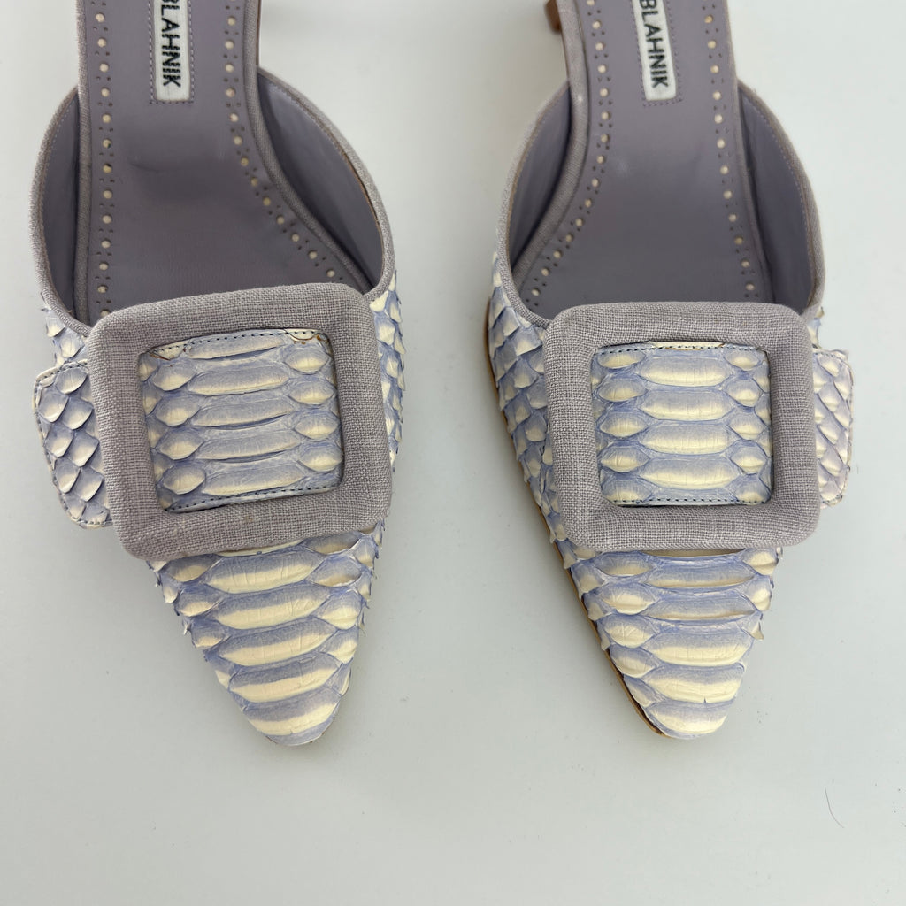 Manolo Blahnik | Lilac Exotic Leather Pointed Toe Linen Buckle Maysale Mules (37.5)