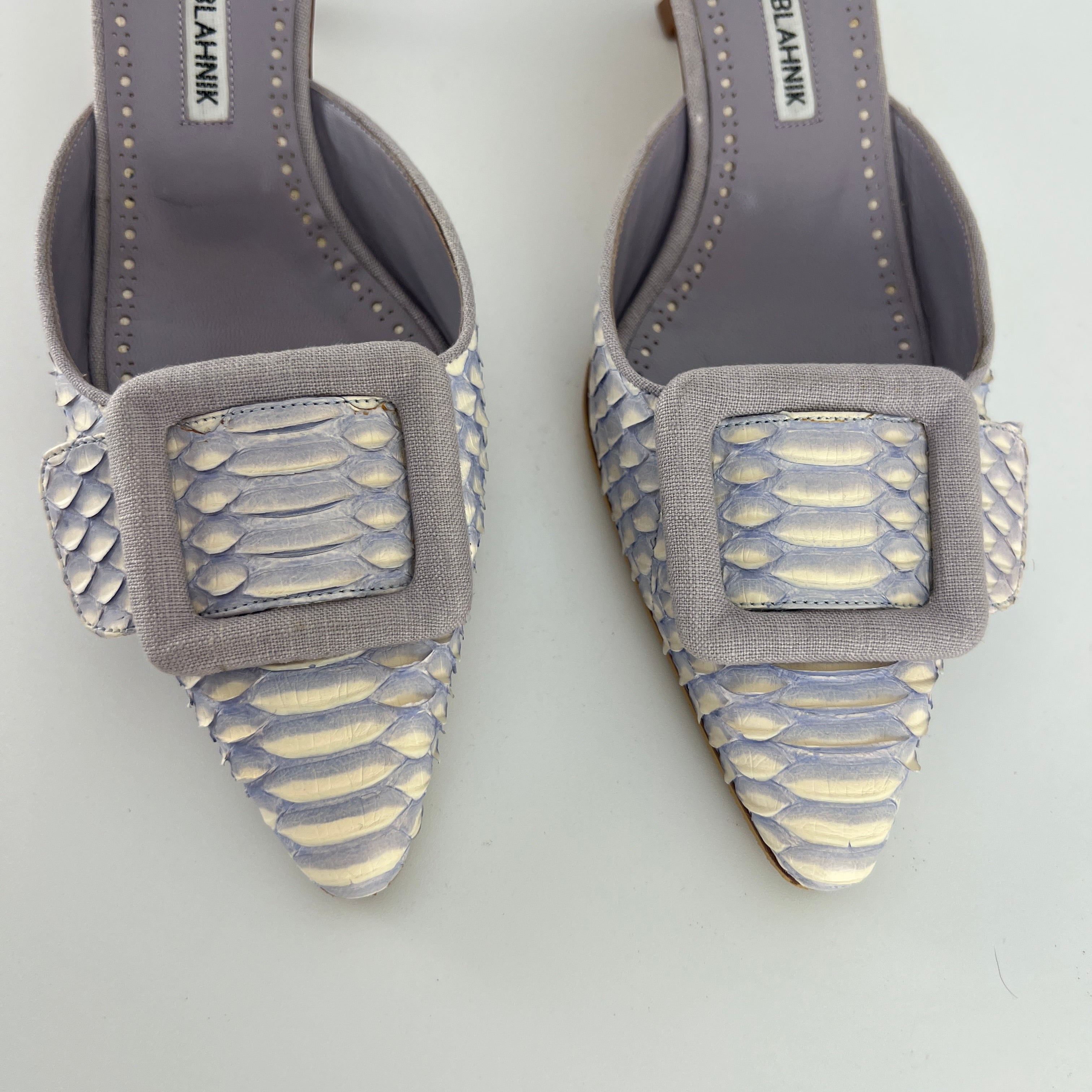 Manolo Blahnik | Lilac Exotic Leather Pointed Toe Linen Buckle Maysale Mules (37.5)