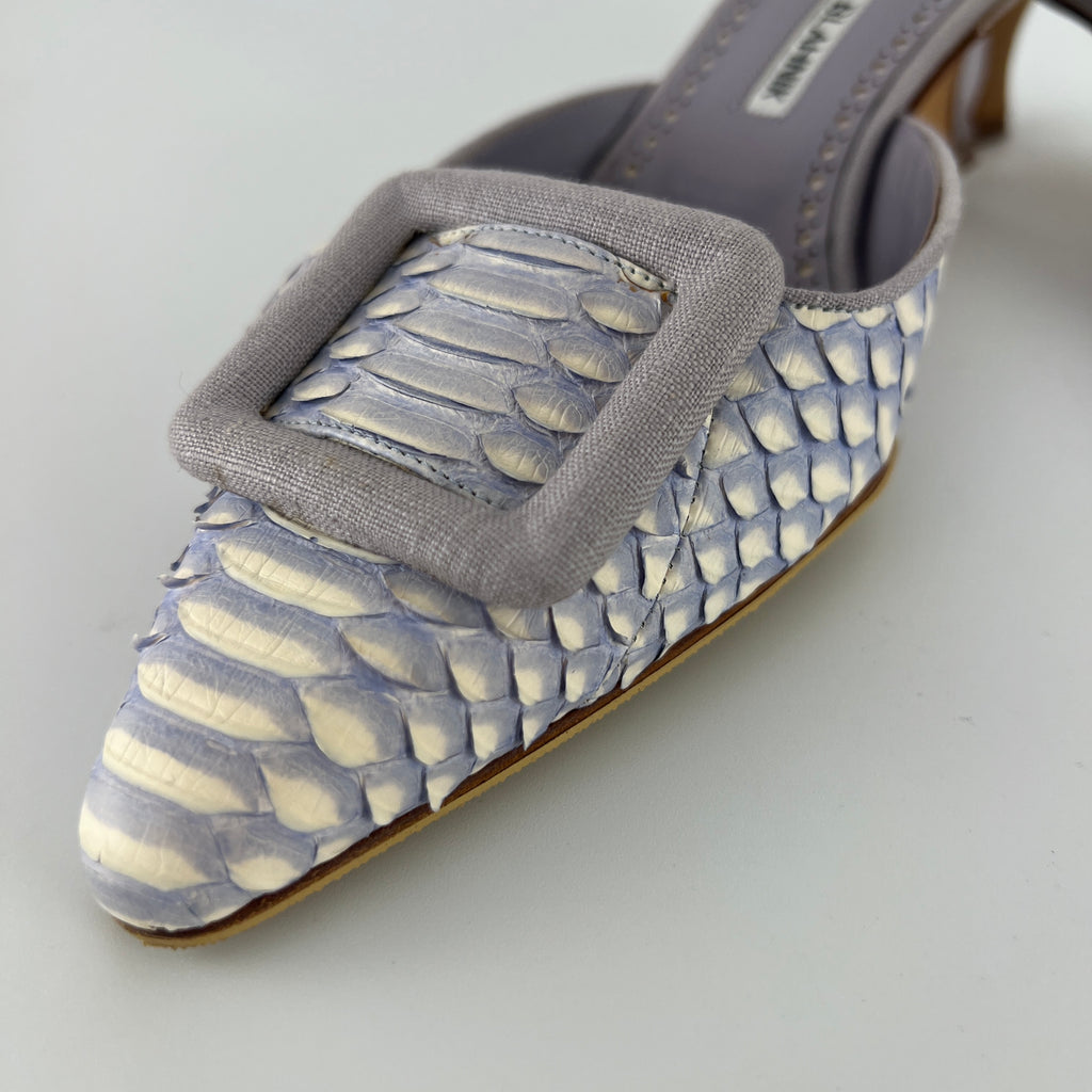 Manolo Blahnik | Lilac Exotic Leather Pointed Toe Linen Buckle Maysale Mules (37.5)