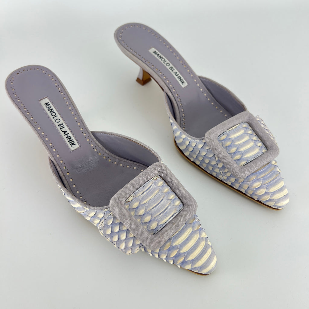 Manolo Blahnik | Lilac Exotic Leather Pointed Toe Linen Buckle Maysale Mules (37.5)