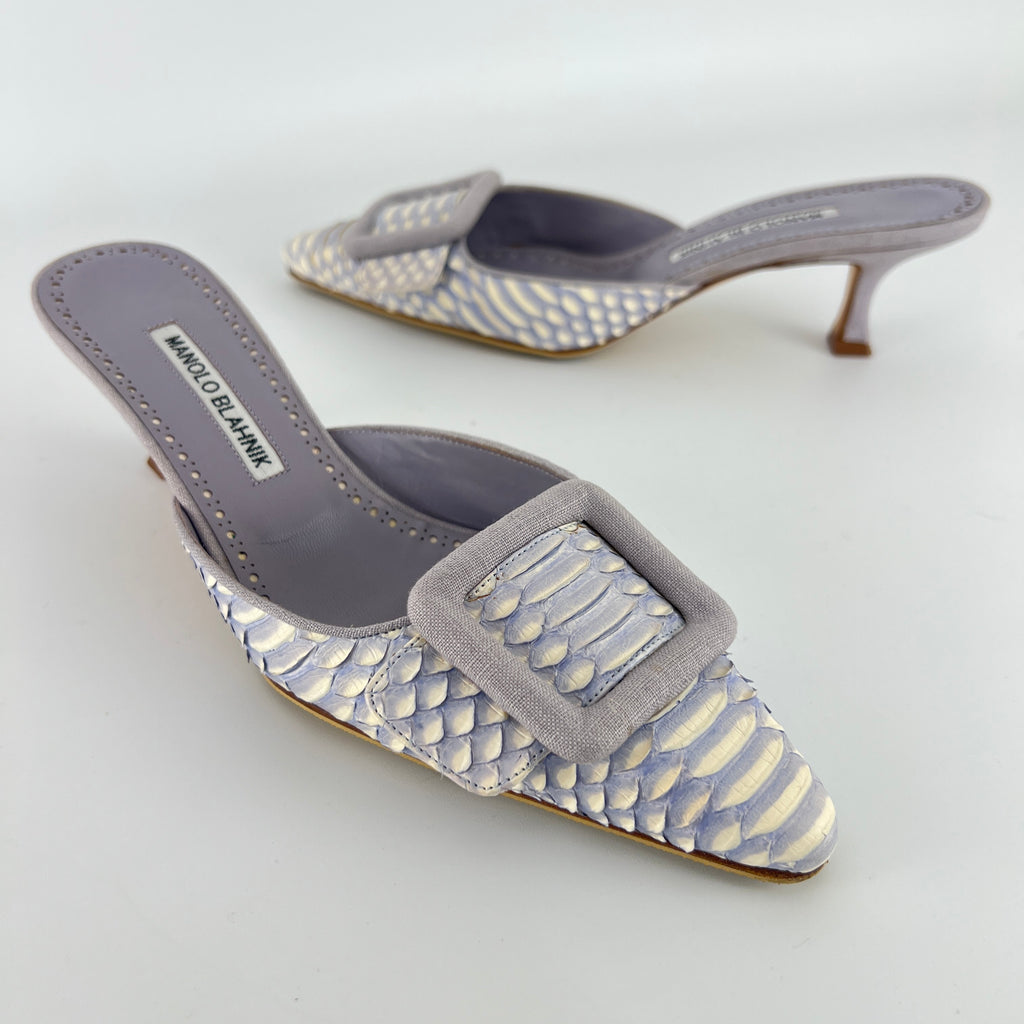 Manolo Blahnik | Lilac Exotic Leather Pointed Toe Linen Buckle Maysale Mules (37.5)
