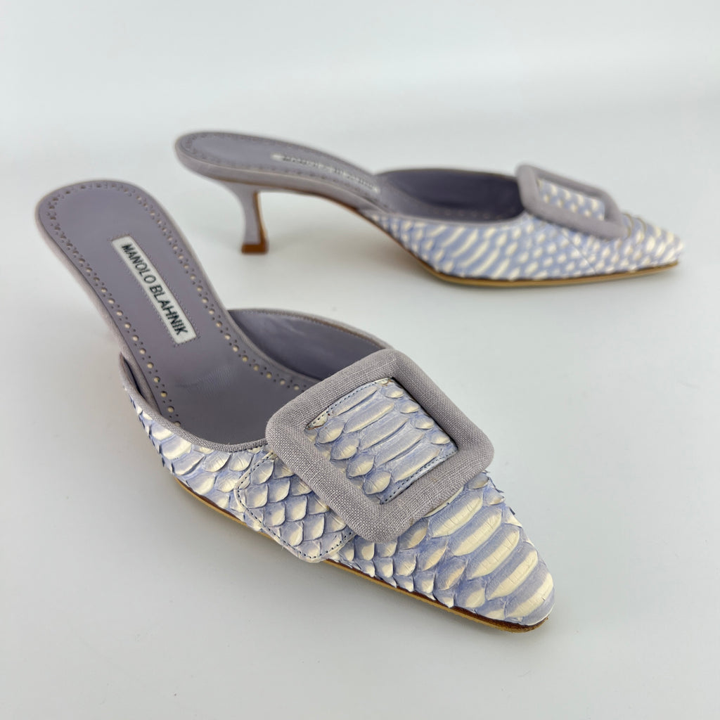 Manolo Blahnik | Lilac Exotic Leather Pointed Toe Linen Buckle Maysale Mules (37.5)