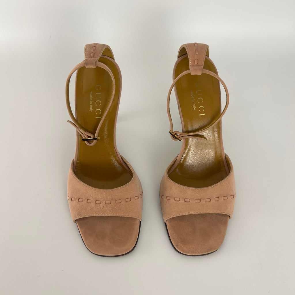 Gucci | Dusty Baby Pink Suede Leather Top Stitch Ankle Wrap Heels (7C / 37)