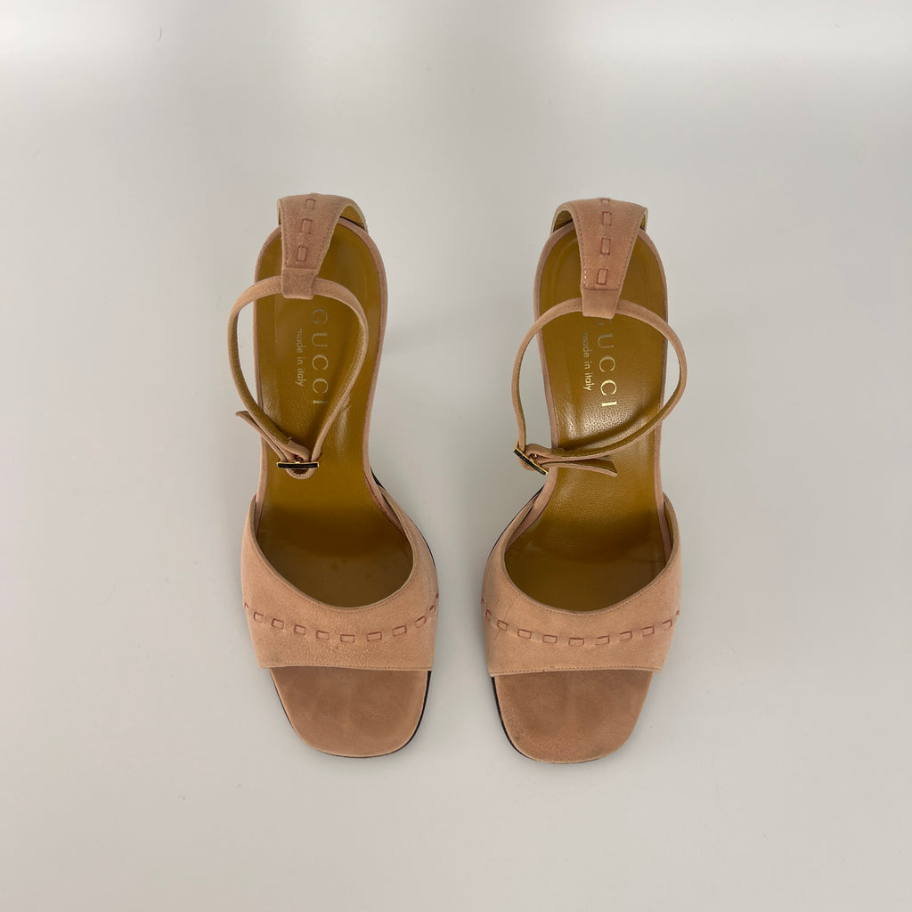 Gucci | Dusty Baby Pink Suede Leather Top Stitch Ankle Wrap Heels (7C / 37)