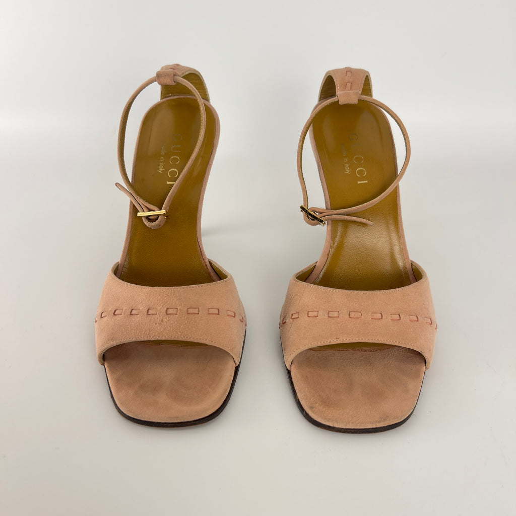 Gucci | Dusty Baby Pink Suede Leather Top Stitch Ankle Wrap Heels (7C / 37)