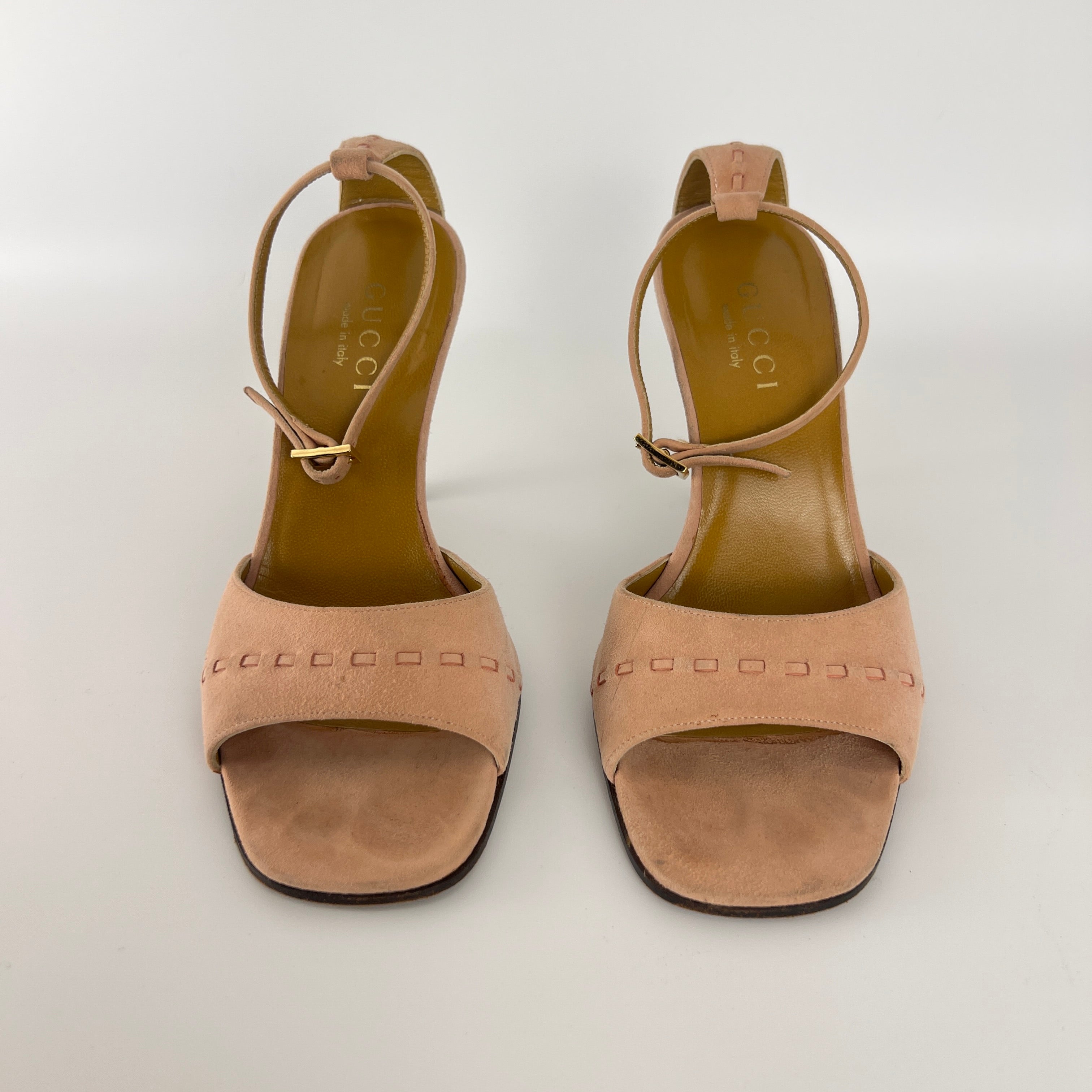 Gucci | Dusty Baby Pink Suede Leather Top Stitch Ankle Wrap Heels (7C / 37)